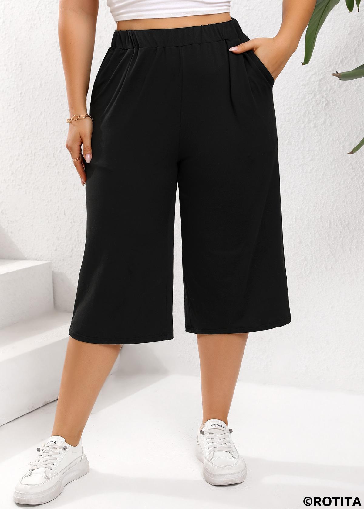 Black plus size,Plain Color plus size,Plus Size Lightweight Black Elastic Waist High Waisted Pants