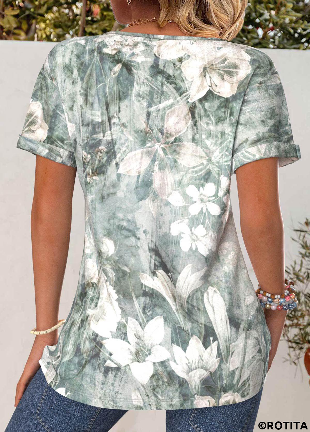 t-shirt col rond vert sauge à imprimé floral et bouton rotita