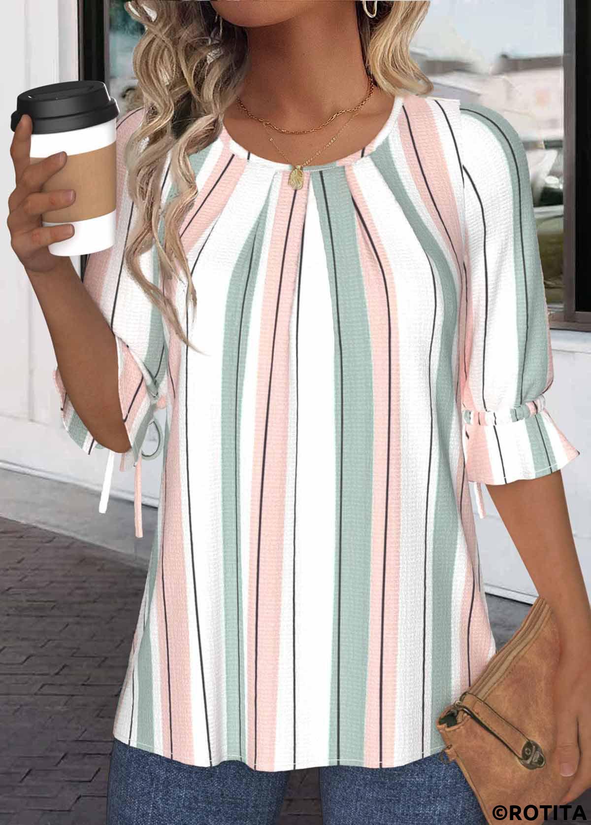 White tops,Light Pink tops,Striped tops,Geometric tops,ROTITA Drawstring Striped White Round Neck Half Sleeve Blouse