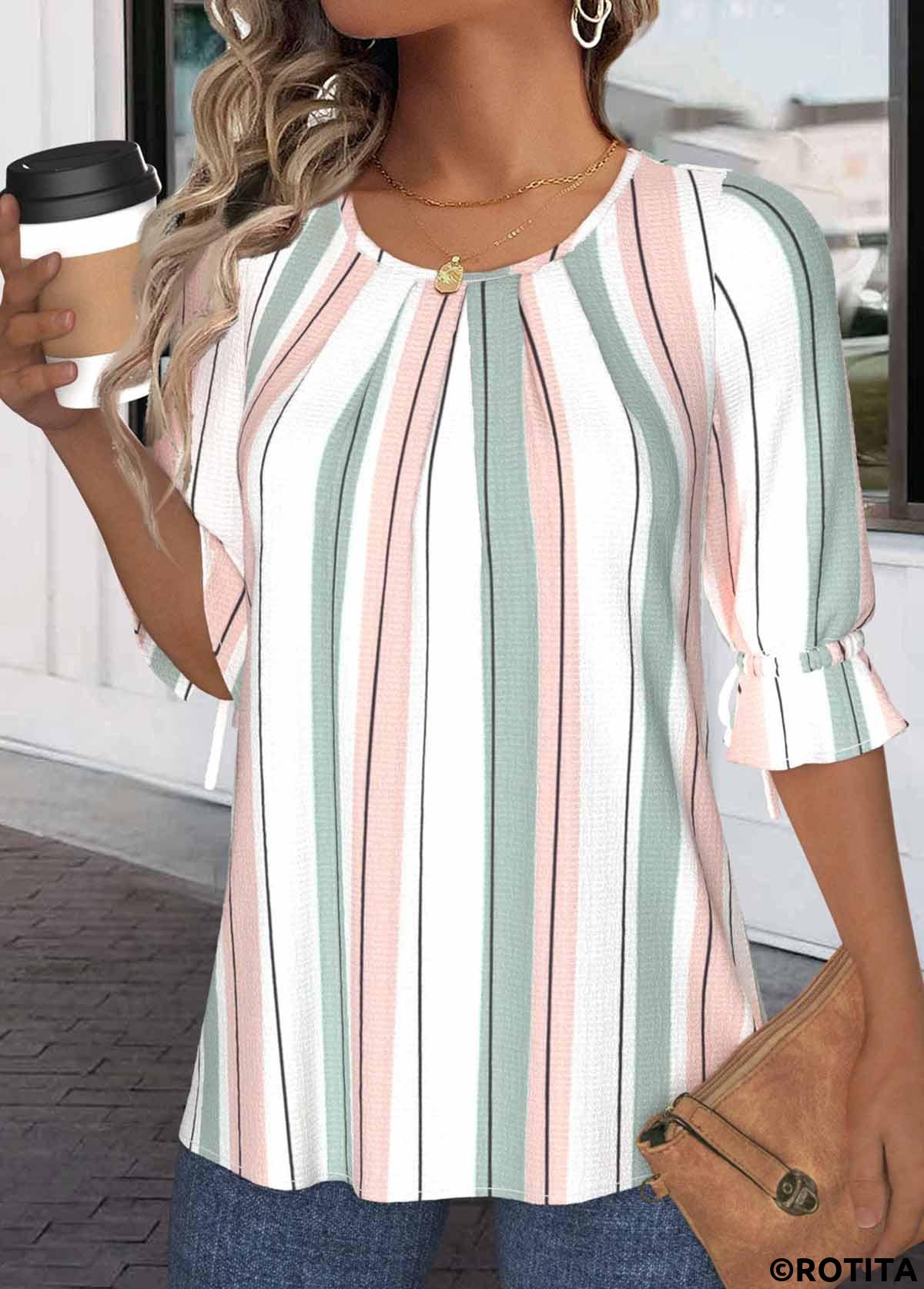White tops,Light Pink tops,Striped tops,Geometric tops,ROTITA Drawstring Striped White Round Neck Half Sleeve Blouse