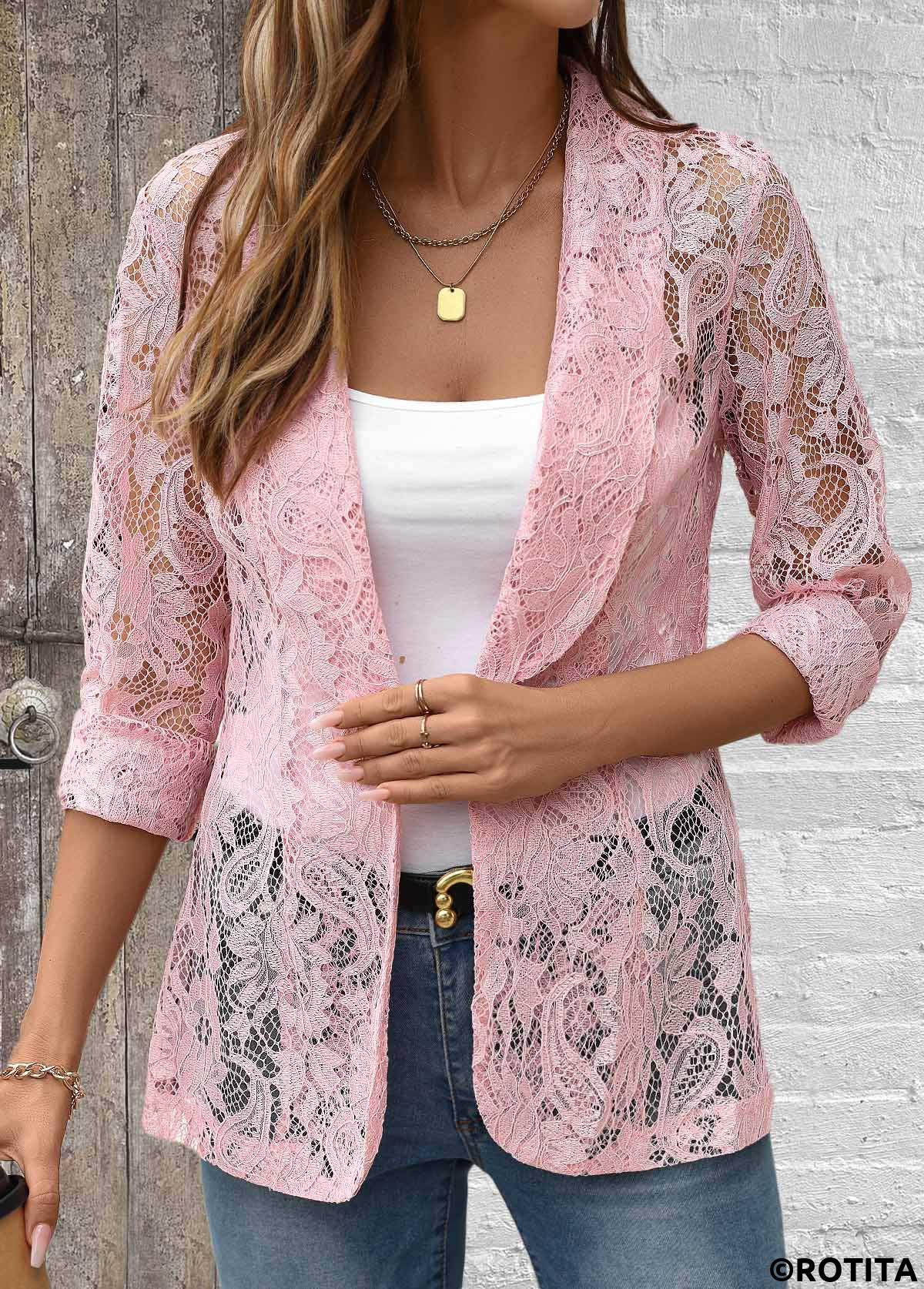 Pink tops,Plain Color tops,ROTITA Lace Pink Lapel Long Sleeve Light Cardigan