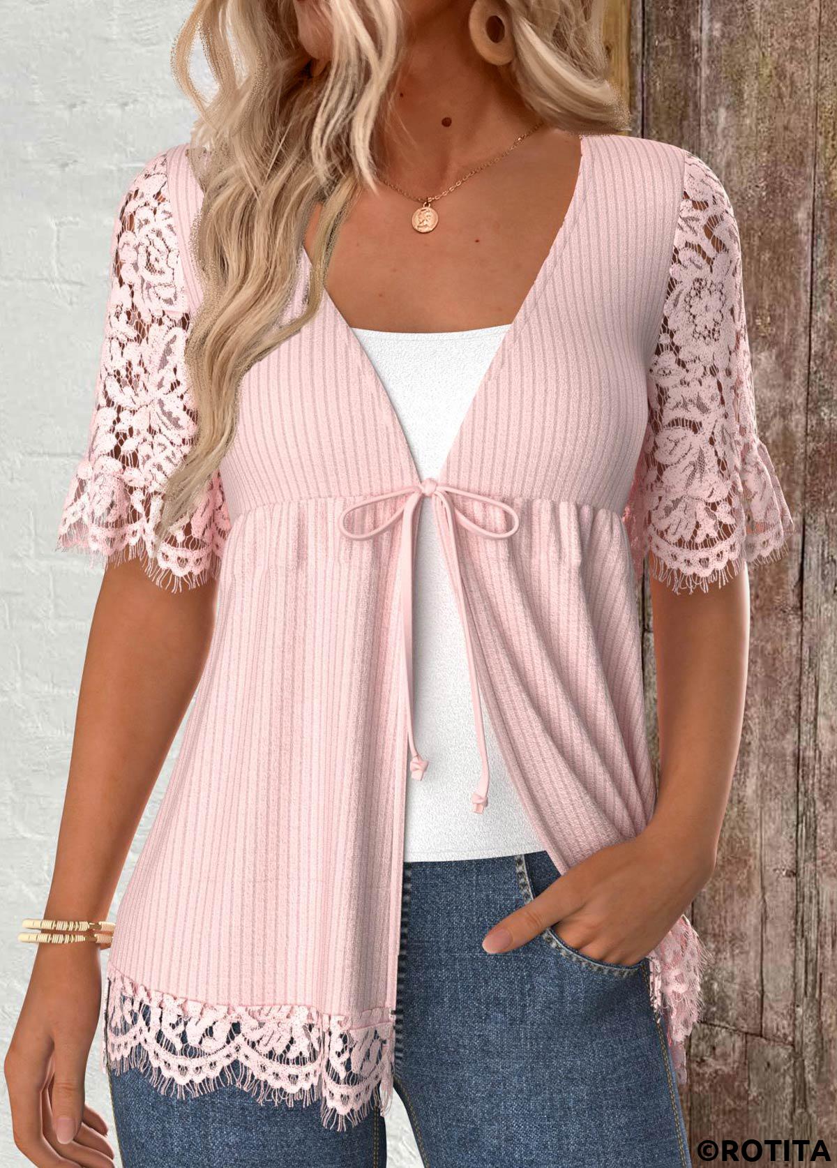 Light Pink tops,Plain Color tops,ROTITA Lace Bowknot Short Sleeve Light Cardigan