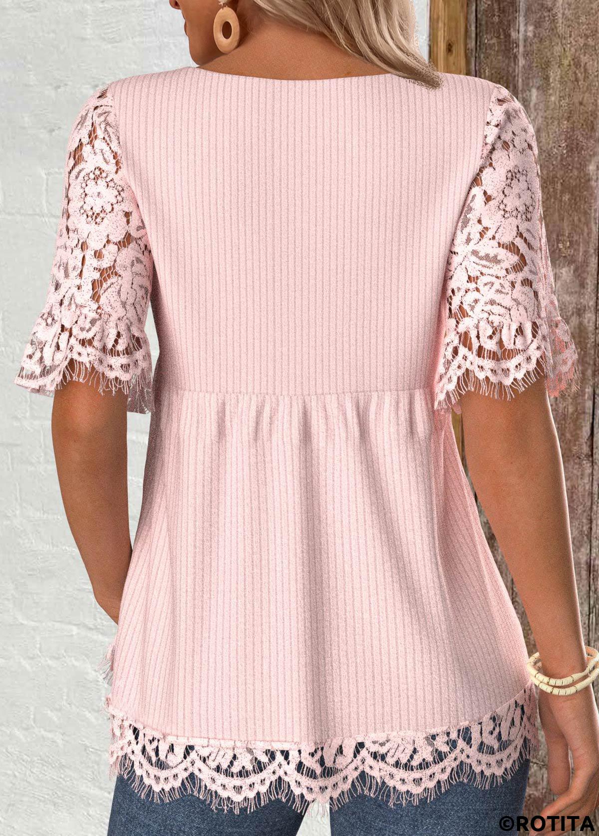 Light Pink tops,Plain Color tops,ROTITA Lace Bowknot Short Sleeve Light Cardigan