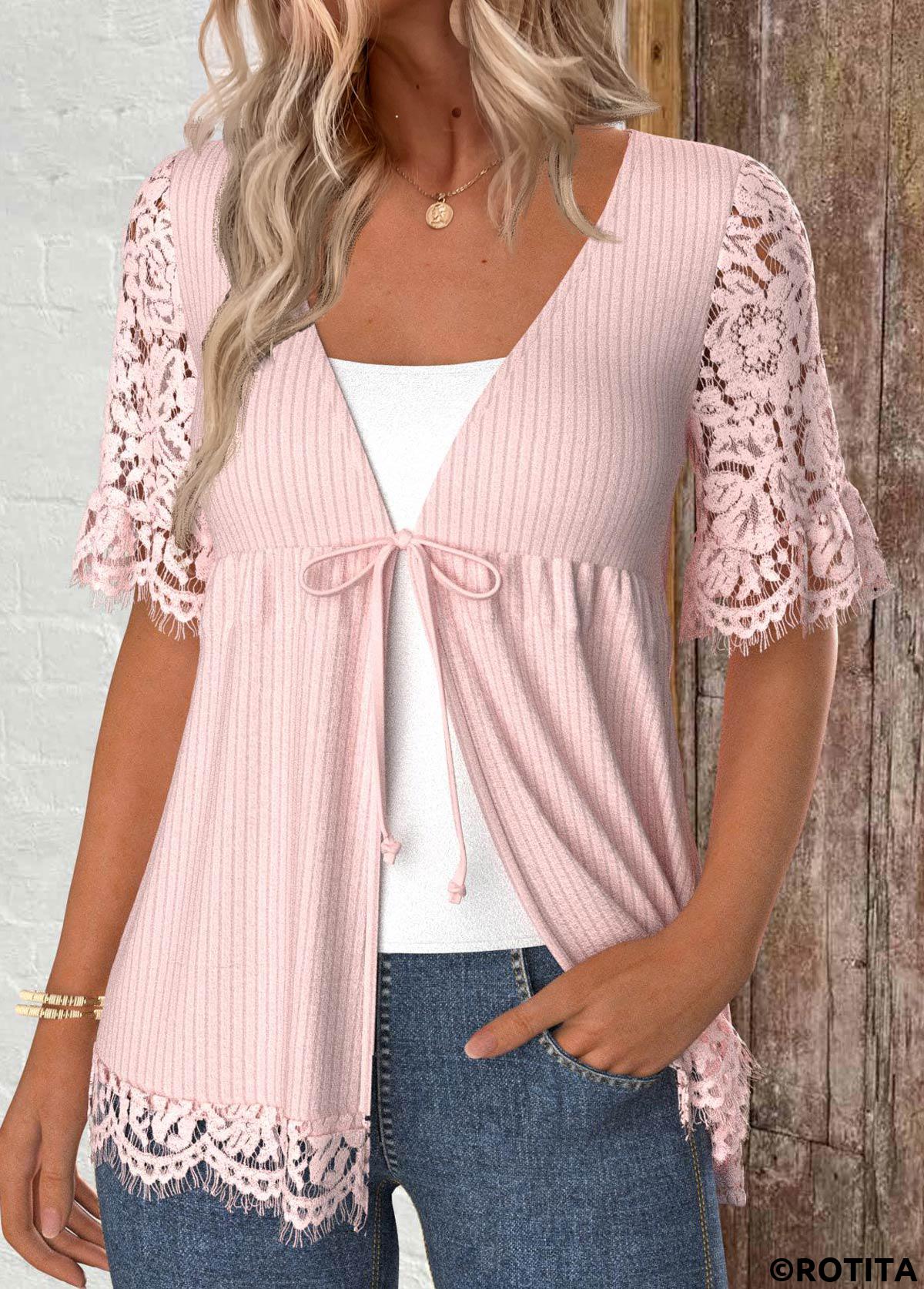 Light Pink tops,Plain Color tops,ROTITA Lace Bowknot Short Sleeve Light Cardigan