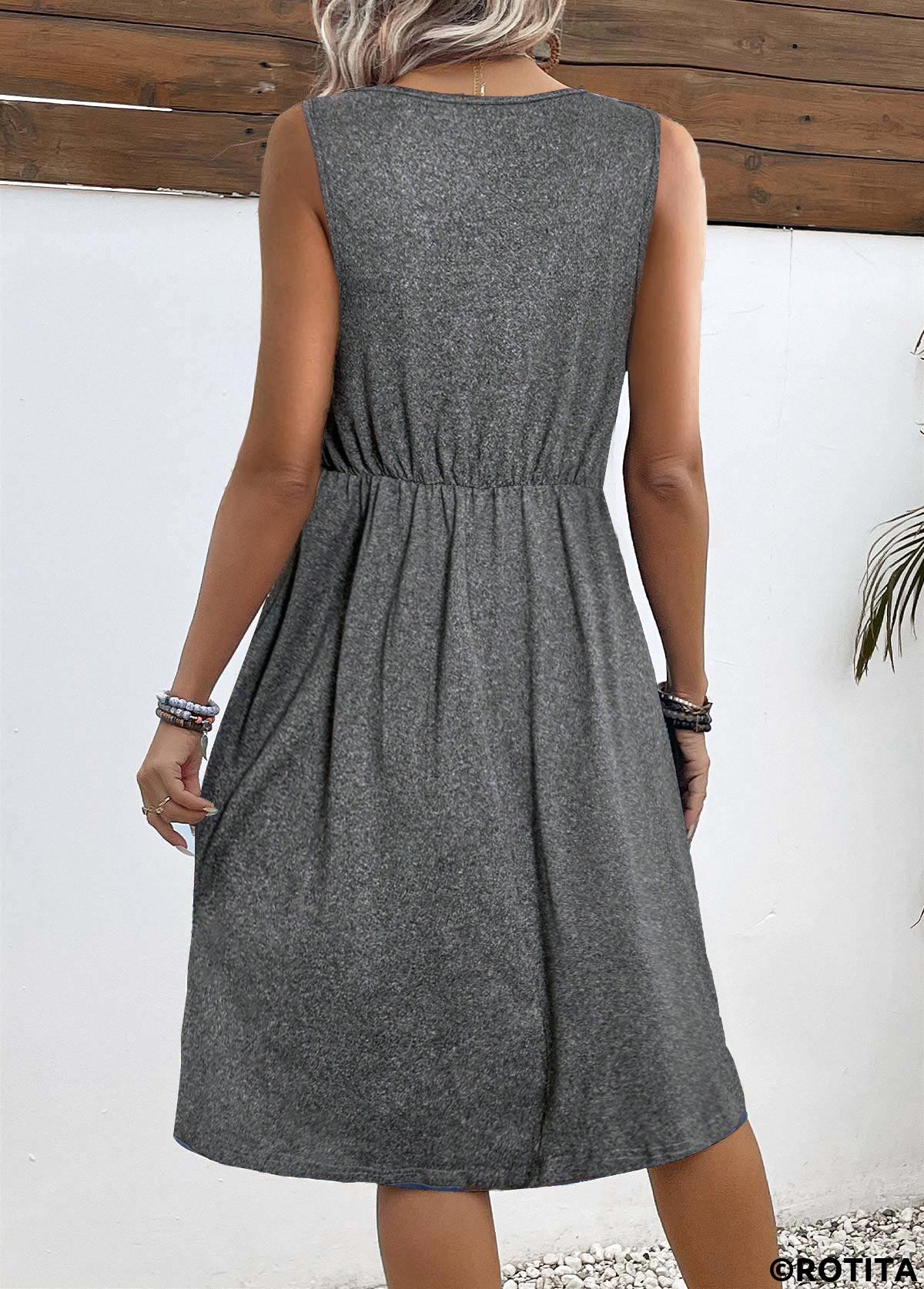 Dark Grey Marl dresses,Plain Color dresses,Everyday dresses,Casual dresses,ROTITA Button Dark Grey Marl A Line V Neck Dress