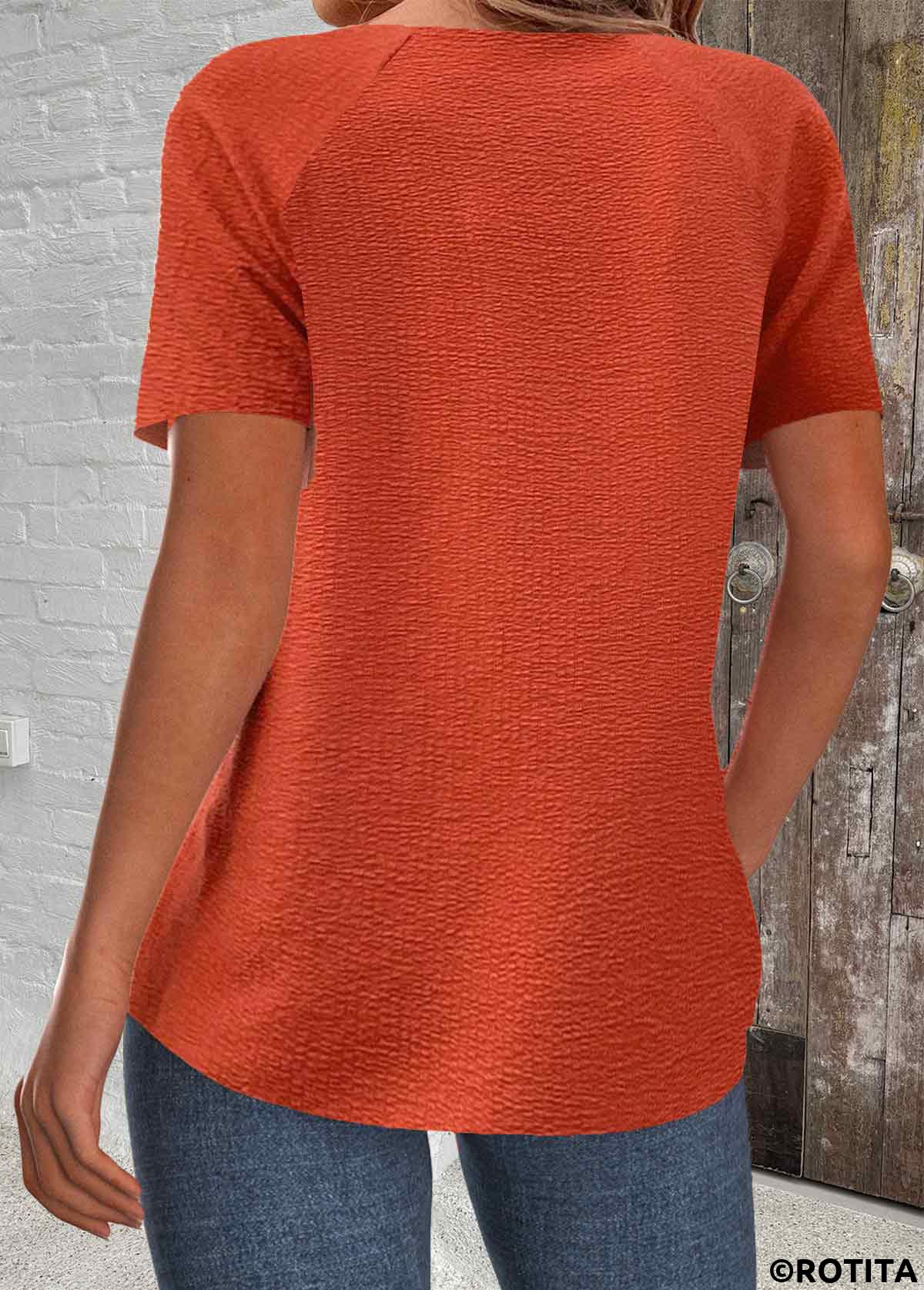 Orange tops,Plain Color tops,ROTITA Patchwork Orange Round Neck Short Sleeve T Shirt