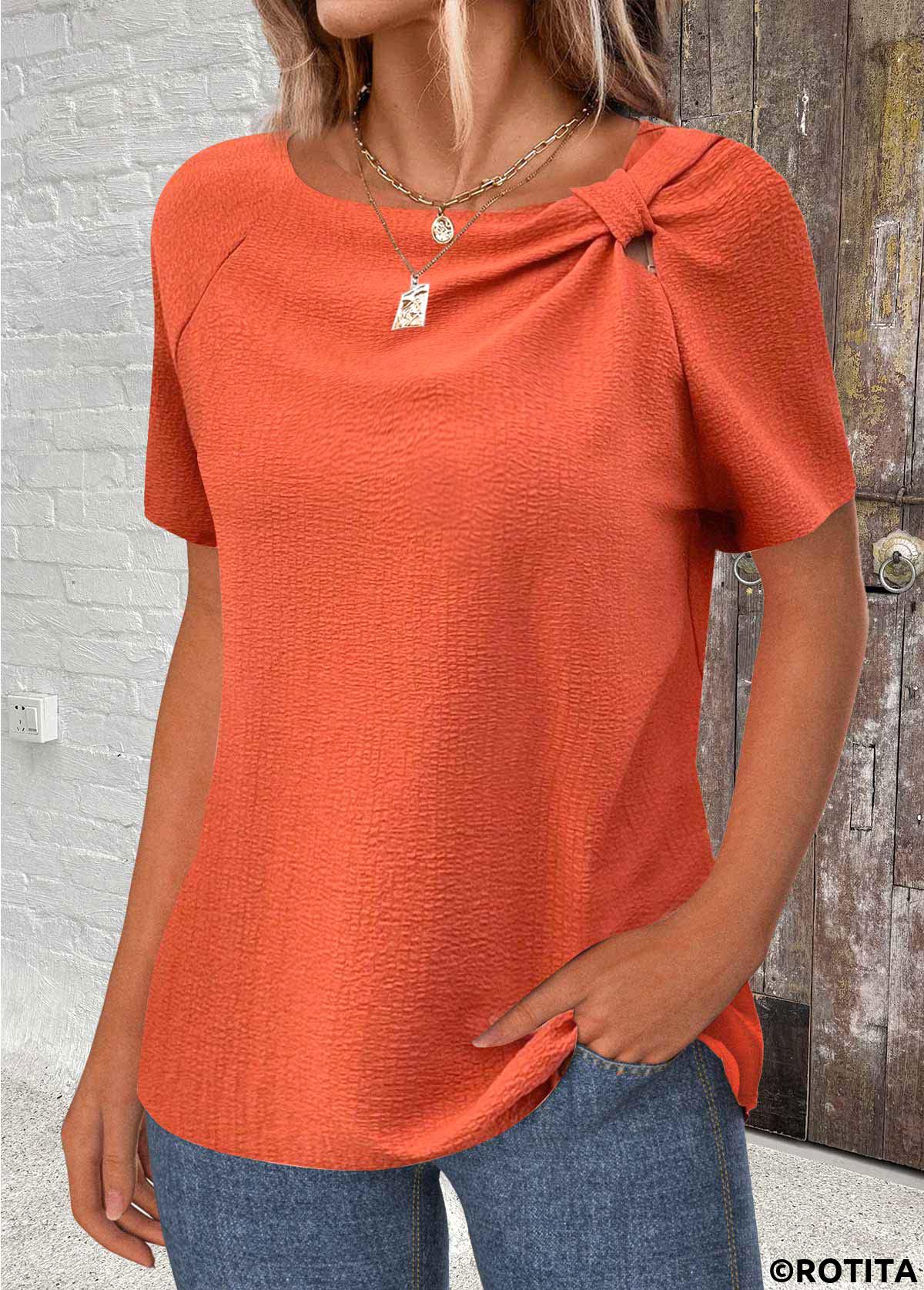 Orange tops,Plain Color tops,ROTITA Patchwork Orange Round Neck Short Sleeve T Shirt