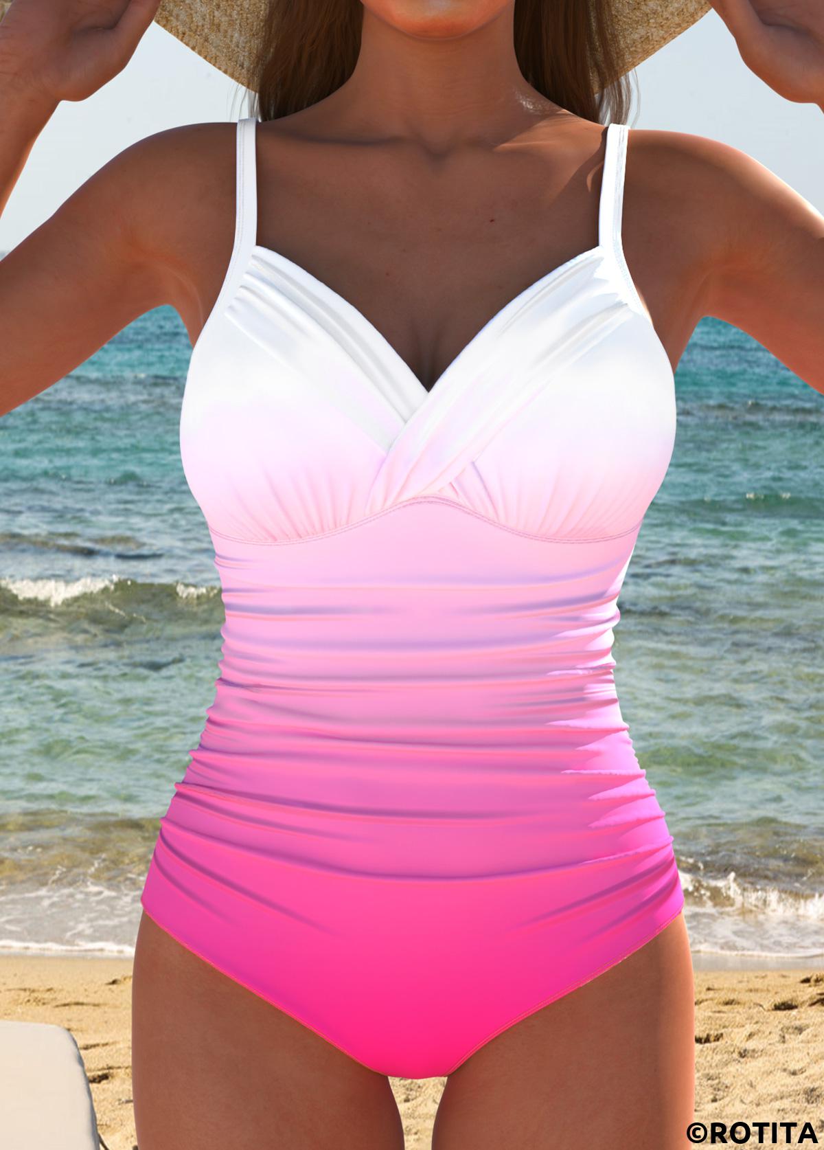 Hot Pink swimwear,Ombre swimwear,ROTITA Surplice Hot Pink Ombre One Piece Swimwear