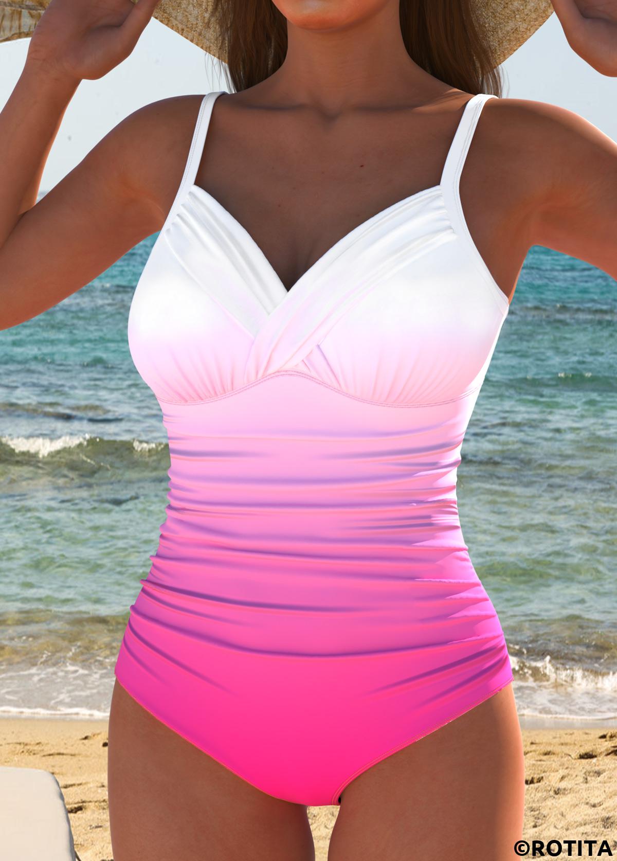 Hot Pink swimwear,Ombre swimwear,ROTITA Surplice Hot Pink Ombre One Piece Swimwear