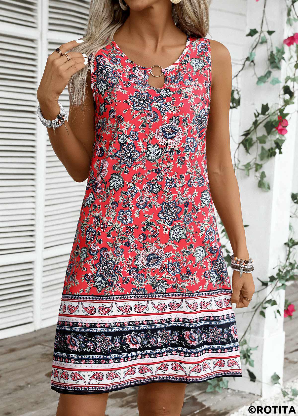 Coral plus size,Tribal plus size,ROTITA Plus Size Circular Ring Coral Tribal Print Sleeveless Dress
