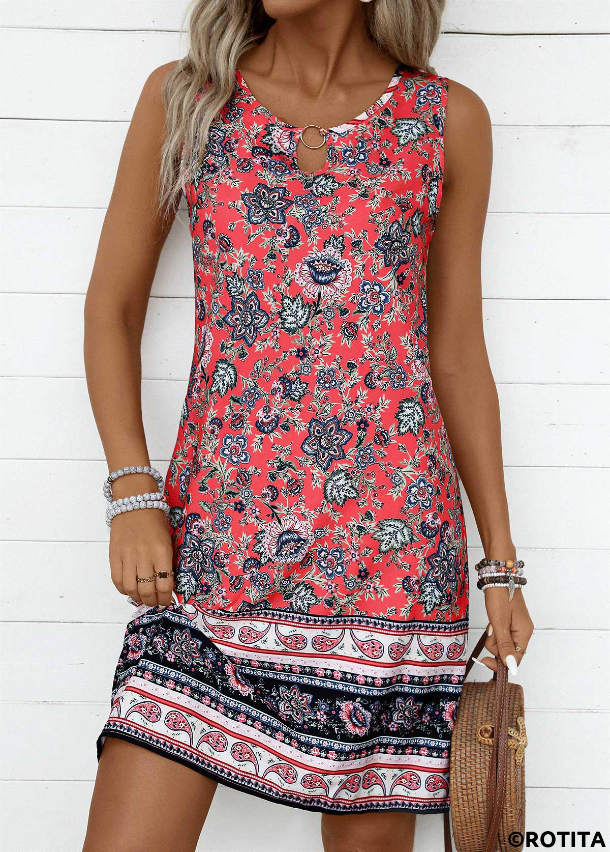 Coral plus size,Tribal plus size,ROTITA Plus Size Circular Ring Coral Tribal Print Sleeveless Dress