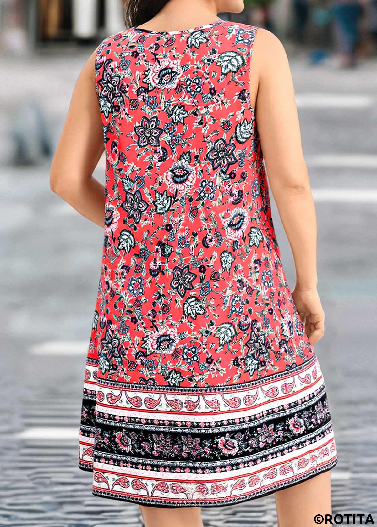 Coral plus size,Tribal plus size,ROTITA Plus Size Circular Ring Coral Tribal Print Sleeveless Dress