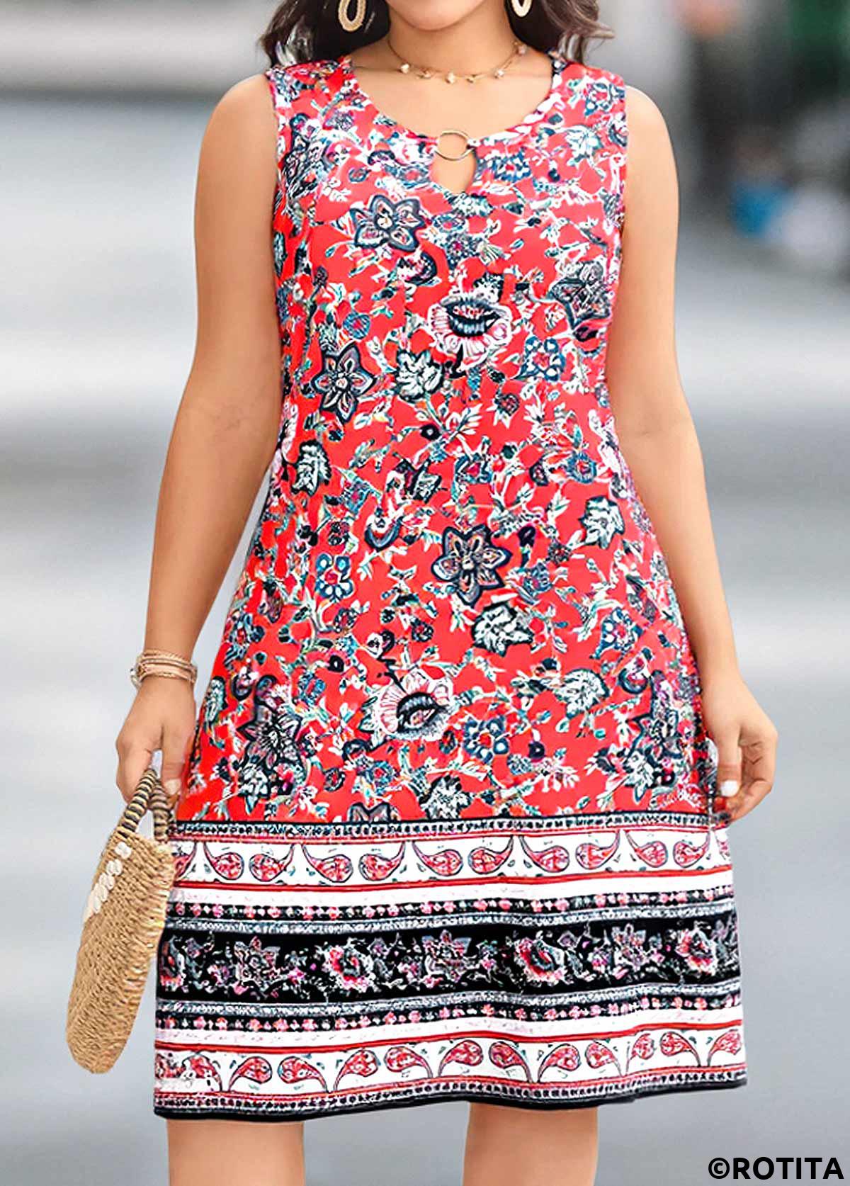 Coral plus size,Tribal plus size,ROTITA Plus Size Circular Ring Coral Tribal Print Sleeveless Dress