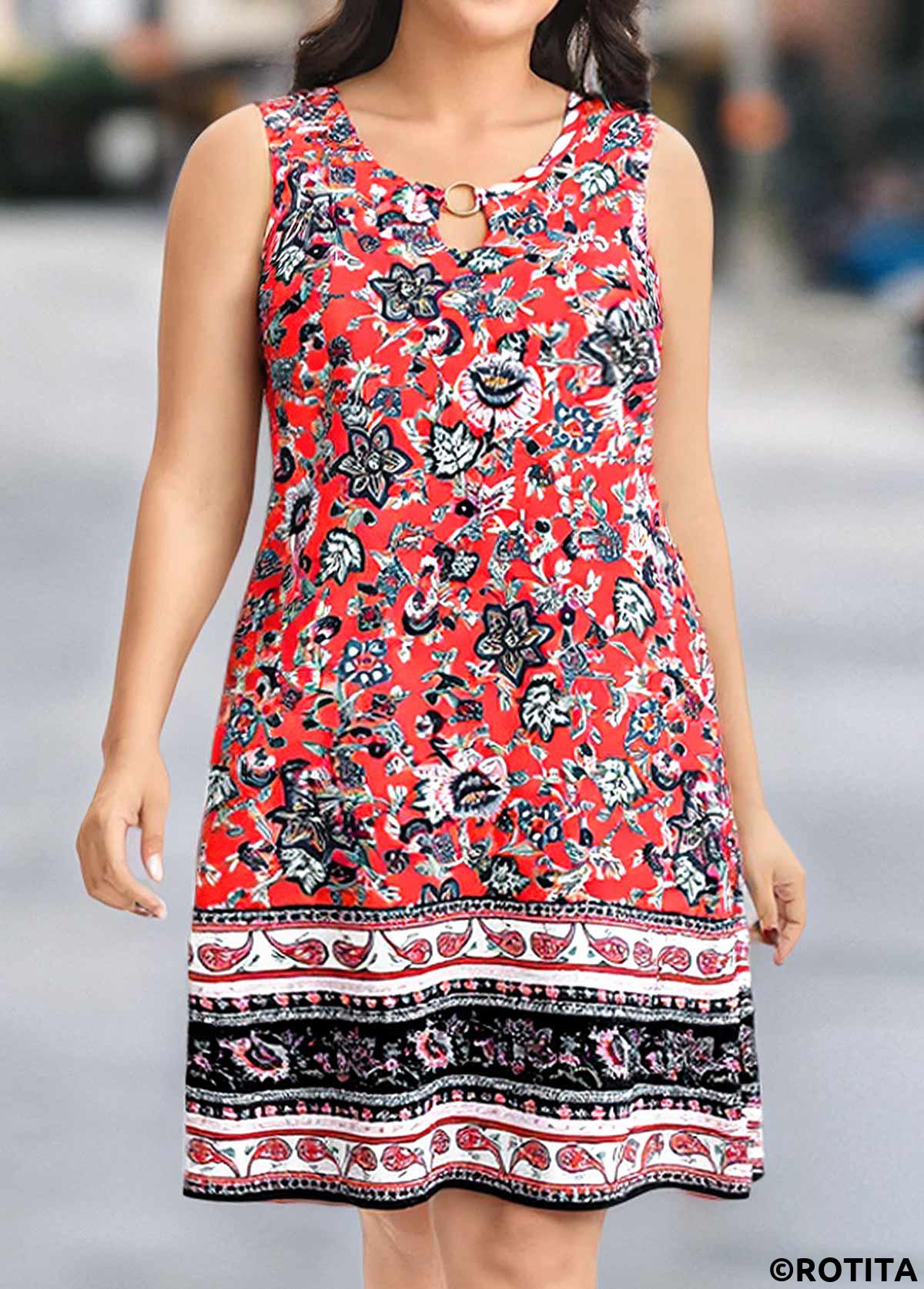 Coral plus size,Tribal plus size,ROTITA Plus Size Circular Ring Coral Tribal Print Sleeveless Dress