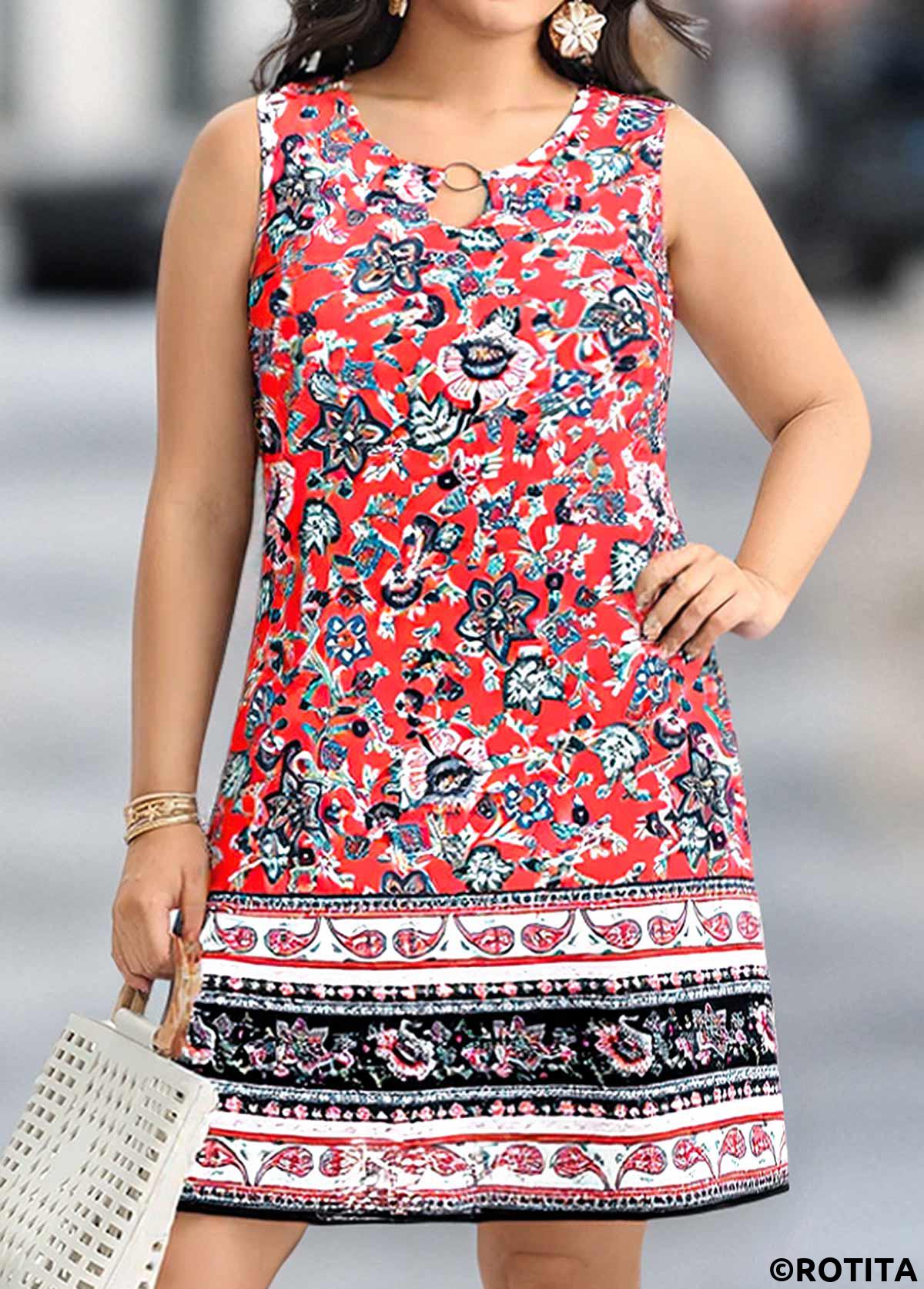 Coral plus size,Tribal plus size,ROTITA Plus Size Circular Ring Coral Tribal Print Sleeveless Dress