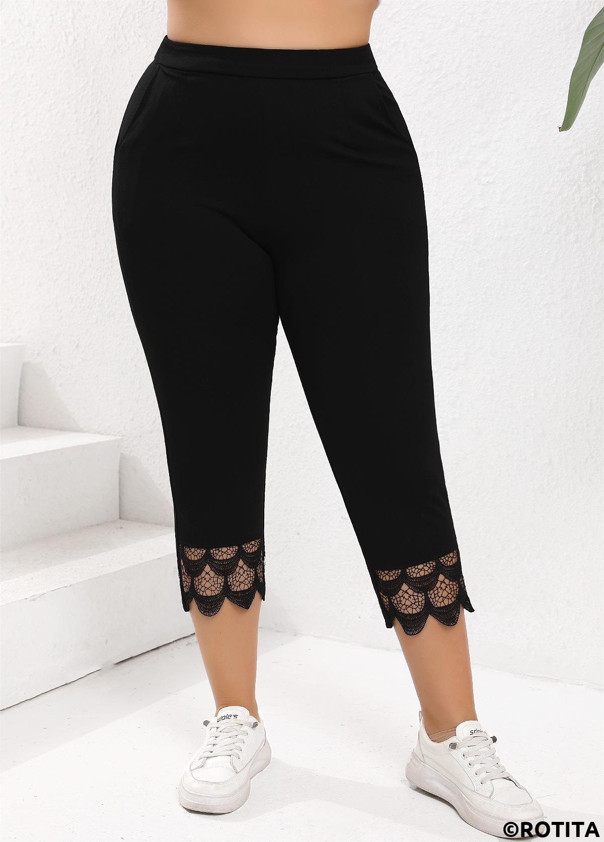 Black plus size,Plain Color plus size,Plus Size Patchwork Black Skinny Elastic Waist Pants