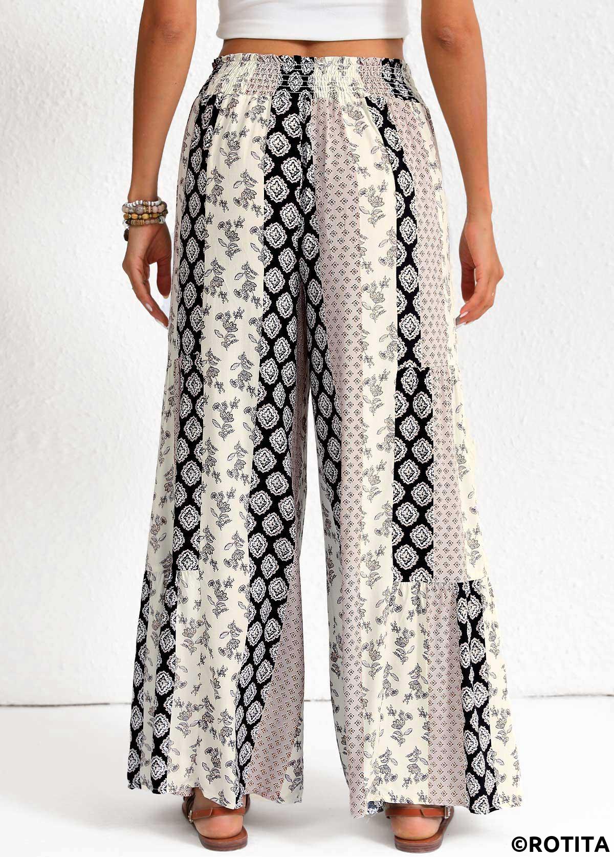 Black bottoms,Tribal bottoms,Bowknot Patchwork Black Elastic Waist High Waisted Pants