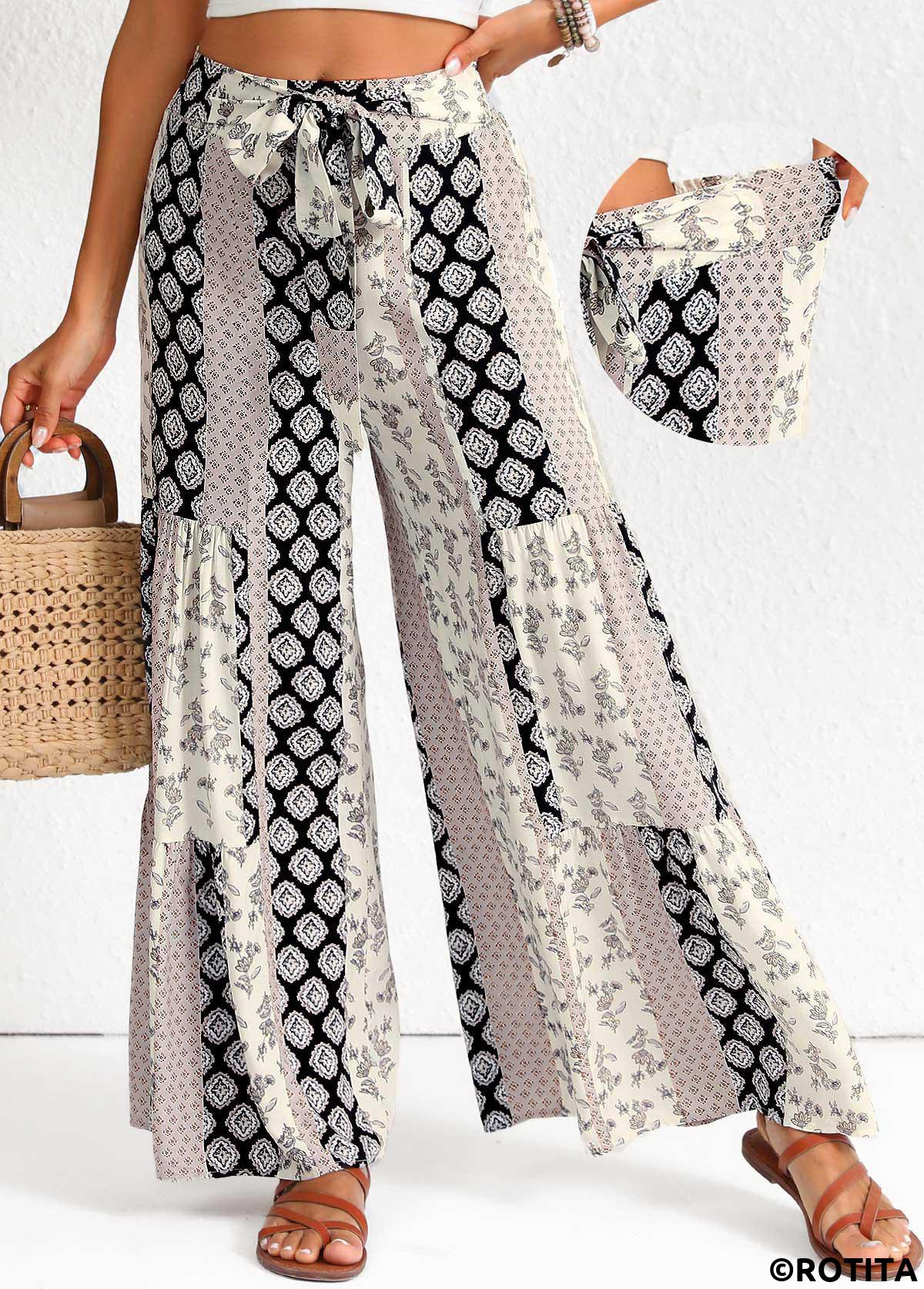 Black bottoms,Tribal bottoms,Bowknot Patchwork Black Elastic Waist High Waisted Pants