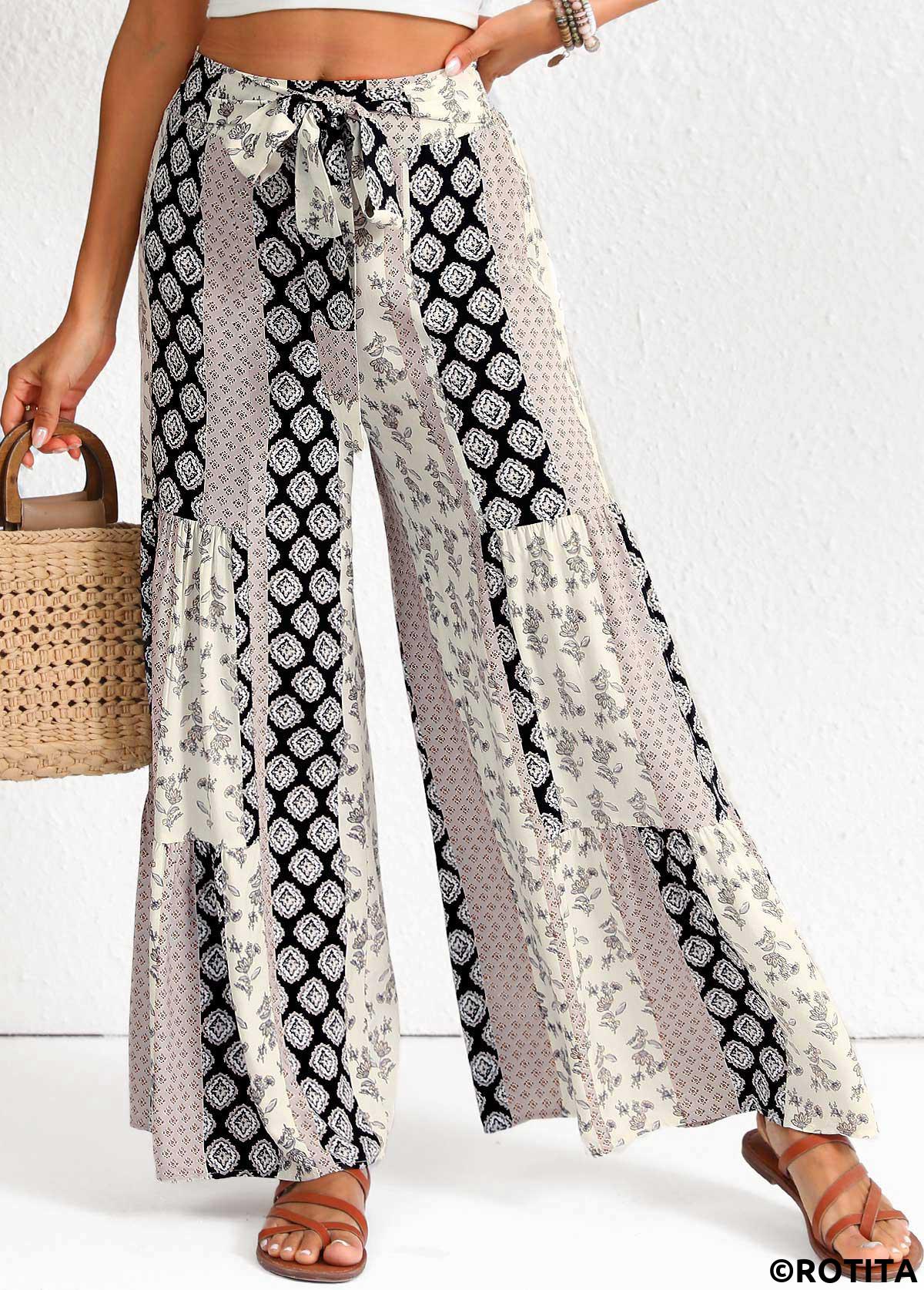 Black bottoms,Tribal bottoms,Bowknot Patchwork Black Elastic Waist High Waisted Pants
