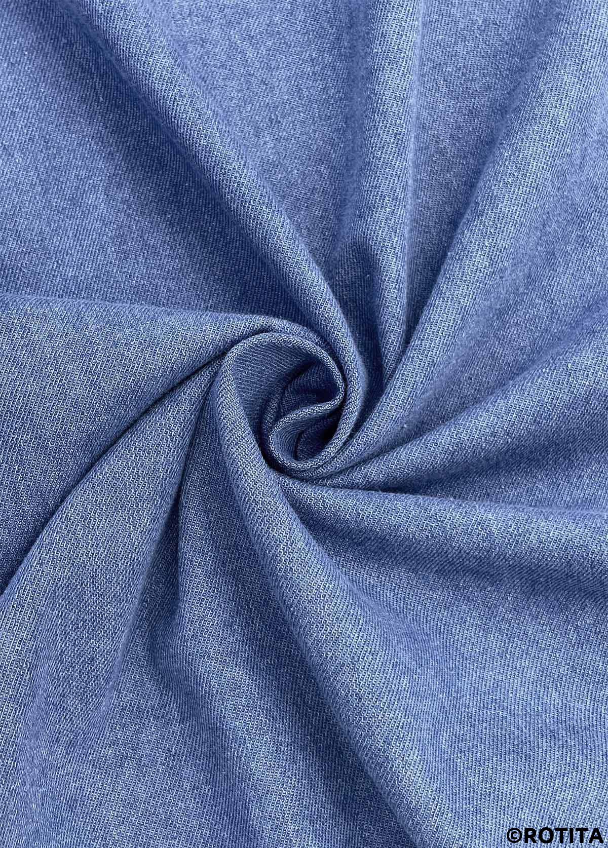 Denim Blue tops,Plain Color tops,ROTITA Button Denim Blue Turn Down Collar Long Sleeve Coat