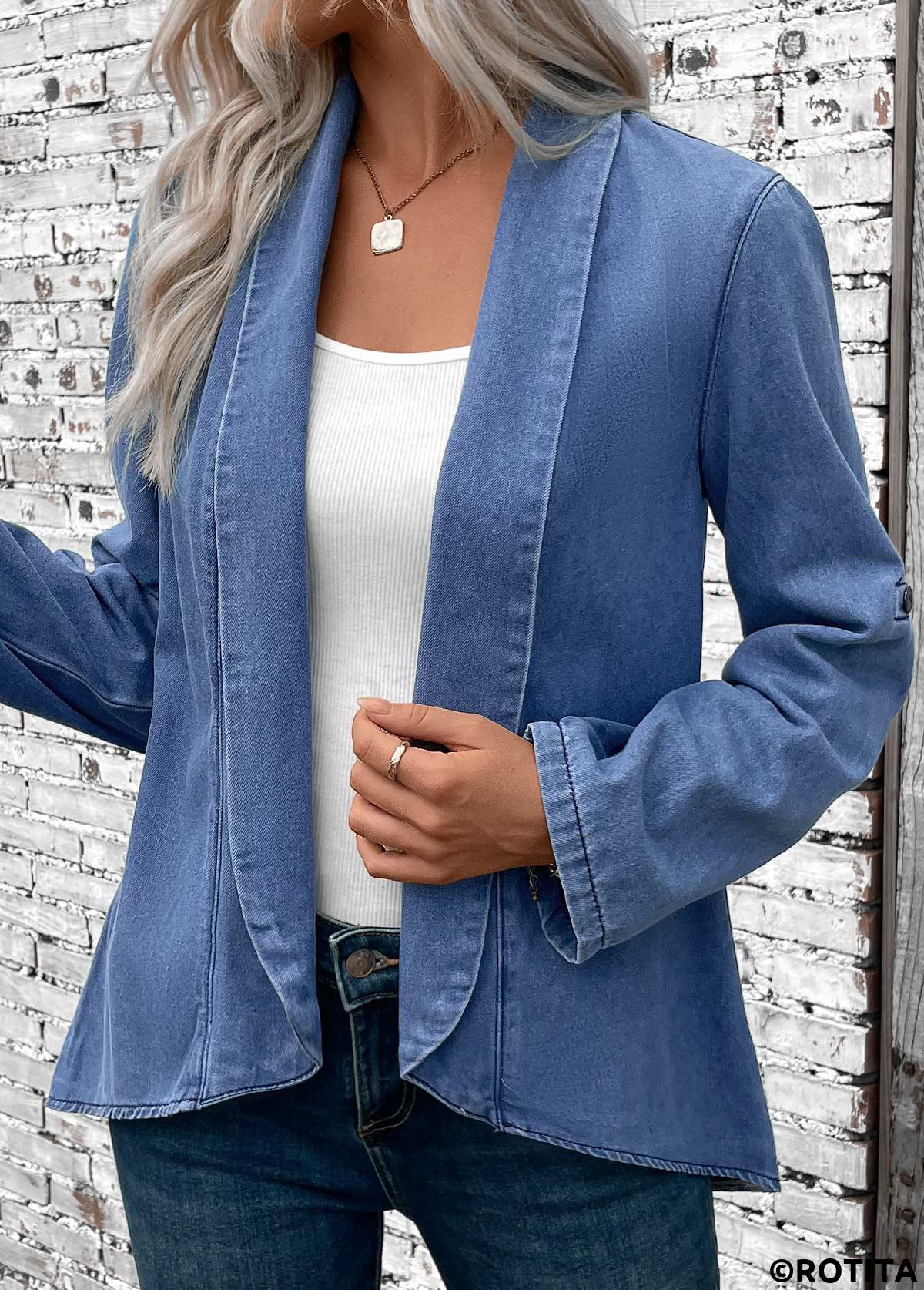 Denim Blue tops,Plain Color tops,ROTITA Button Denim Blue Turn Down Collar Long Sleeve Coat
