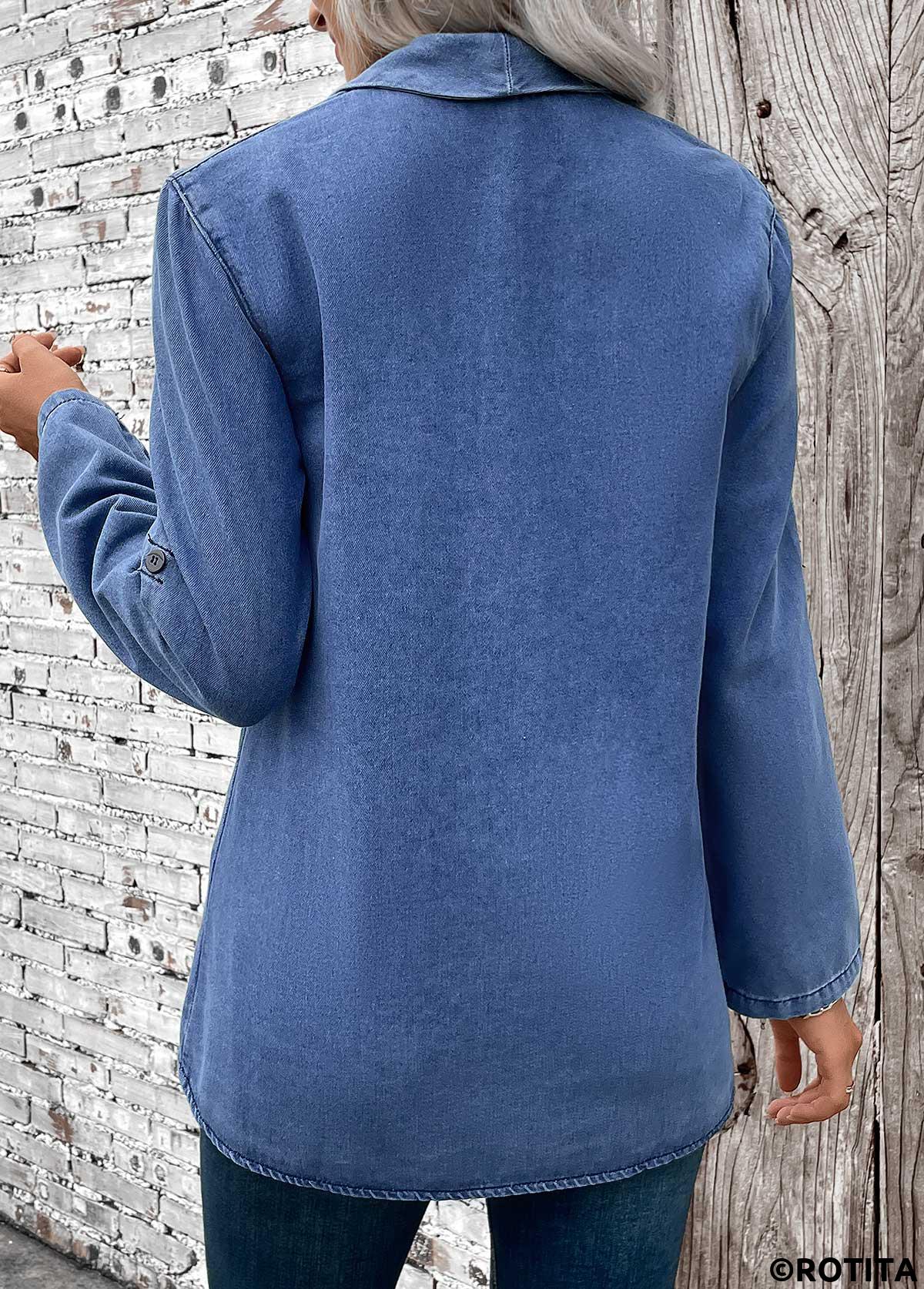 Denim Blue tops,Plain Color tops,ROTITA Button Denim Blue Turn Down Collar Long Sleeve Coat