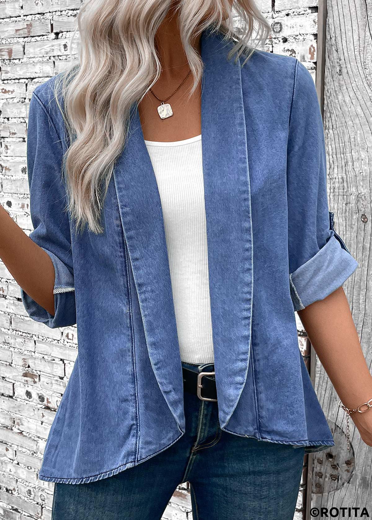 Denim Blue tops,Plain Color tops,ROTITA Button Denim Blue Turn Down Collar Long Sleeve Coat