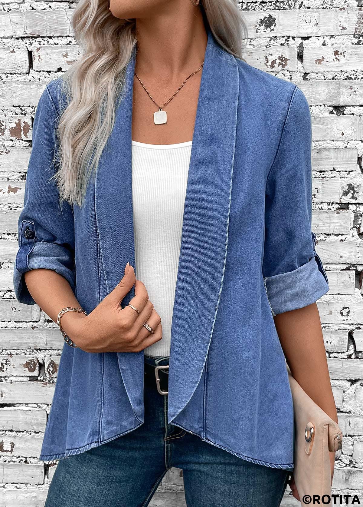 Denim Blue tops,Plain Color tops,ROTITA Button Denim Blue Turn Down Collar Long Sleeve Coat