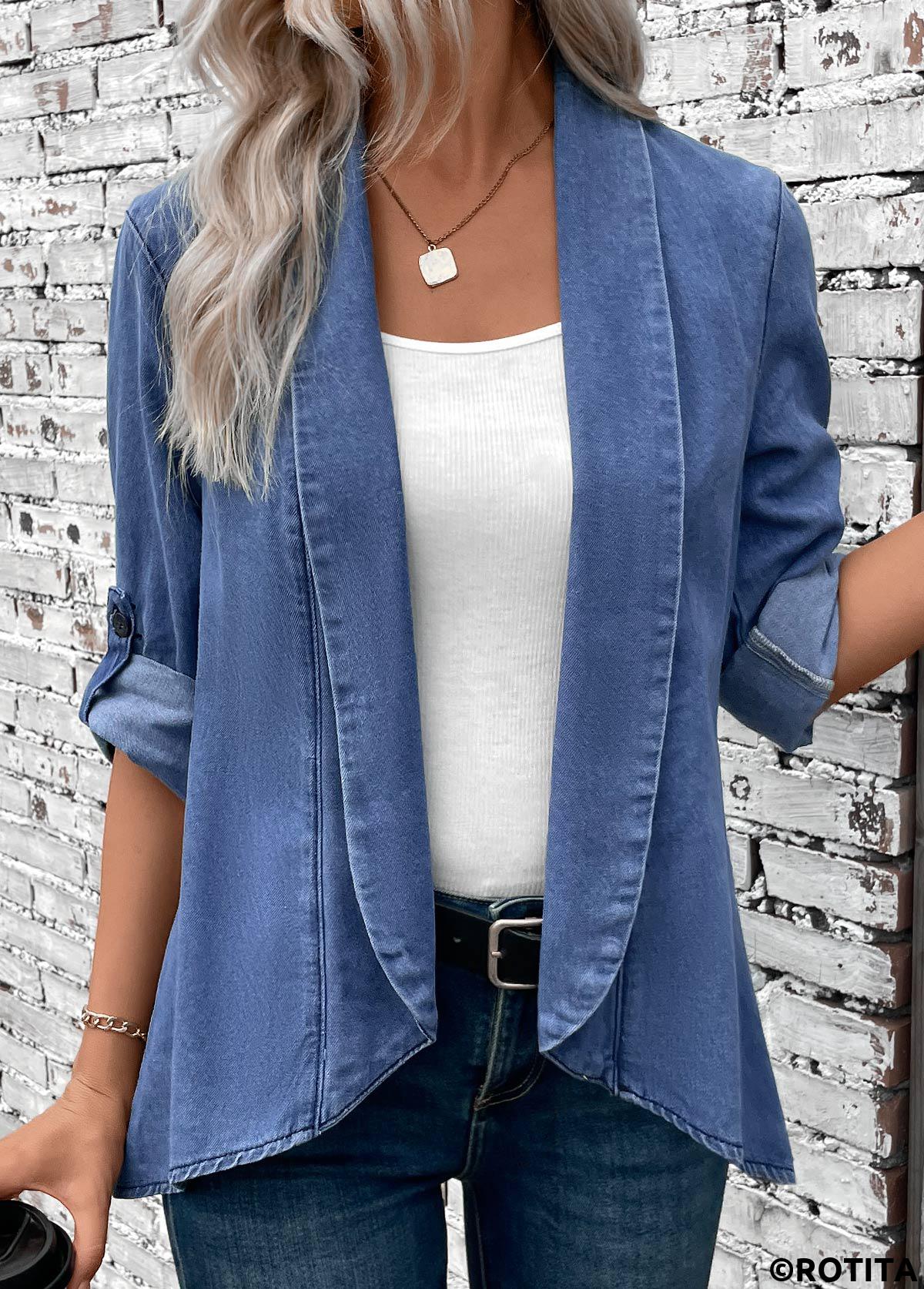 Denim Blue tops,Plain Color tops,ROTITA Button Denim Blue Turn Down Collar Long Sleeve Coat