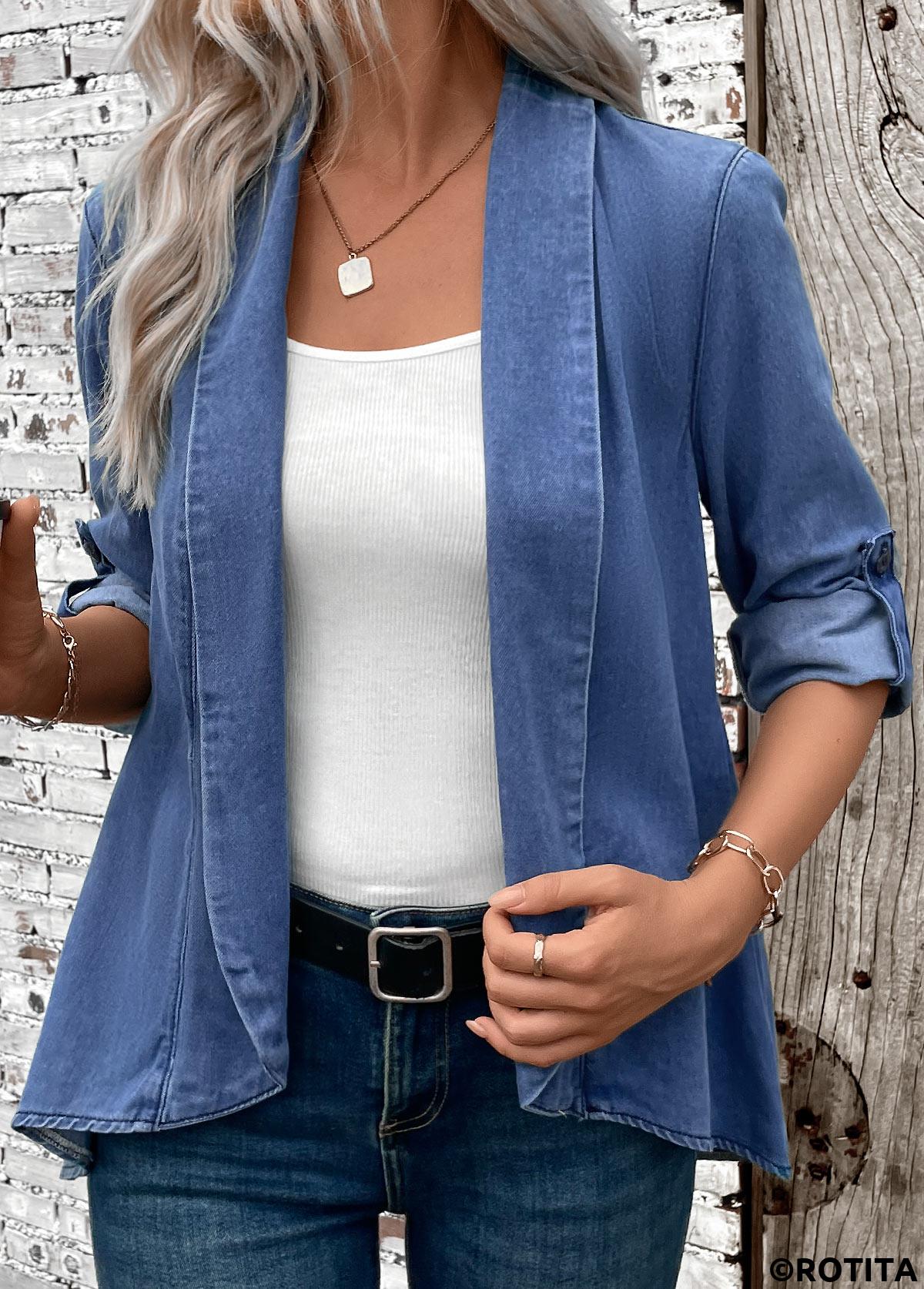 Denim Blue tops,Plain Color tops,ROTITA Button Denim Blue Turn Down Collar Long Sleeve Coat