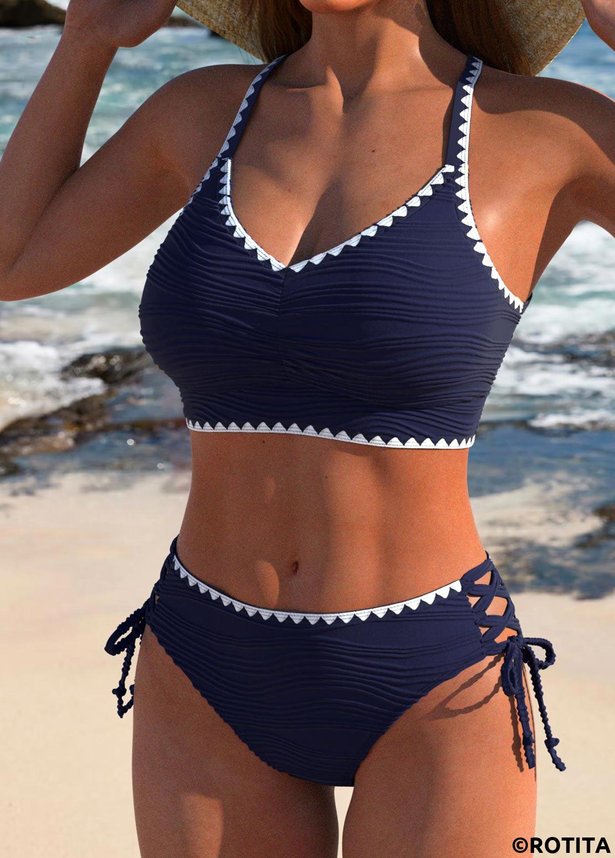 Navy swimwear,Plain Color swimwear,ROTITA Contrast Binding Lace Up Navy Bikini Set