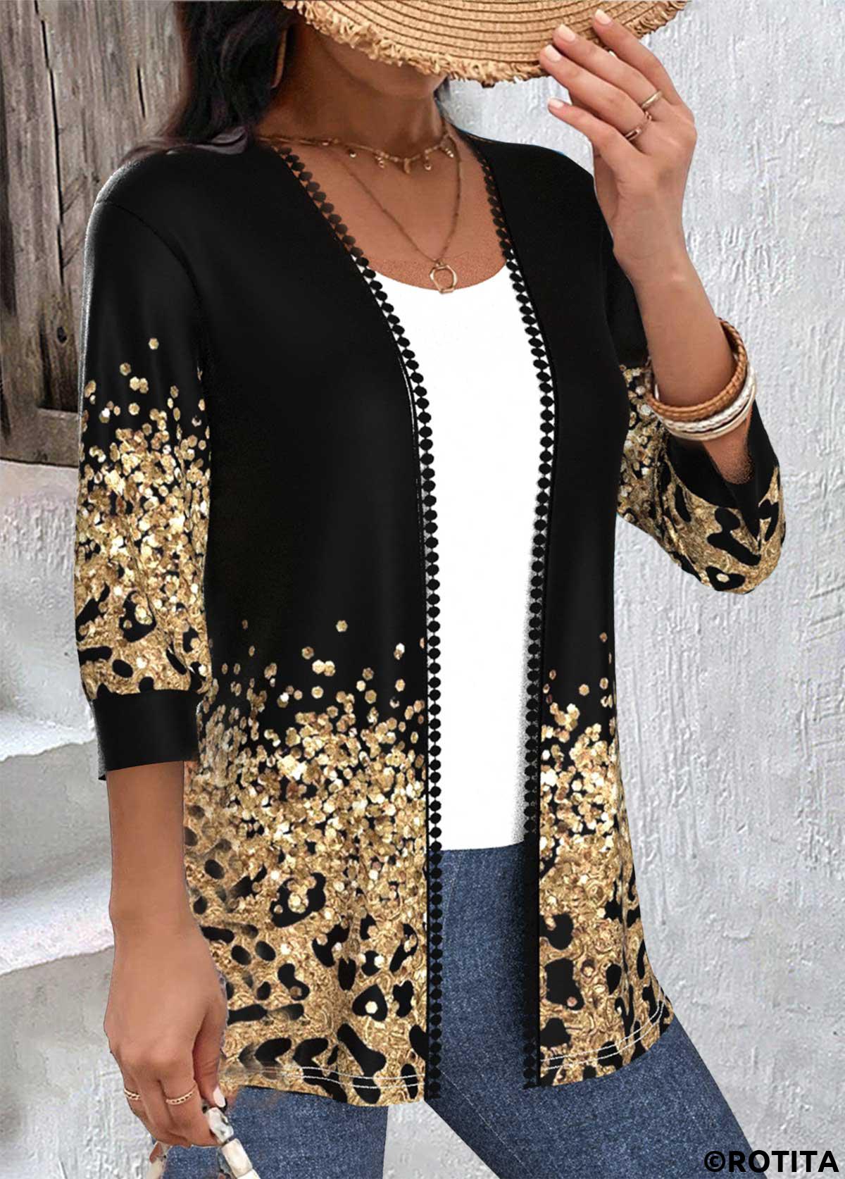Black tops,Leopard tops,ROTITA Patchwork Leopard Black Round Neck 3/4 Sleeve Light Cardigan