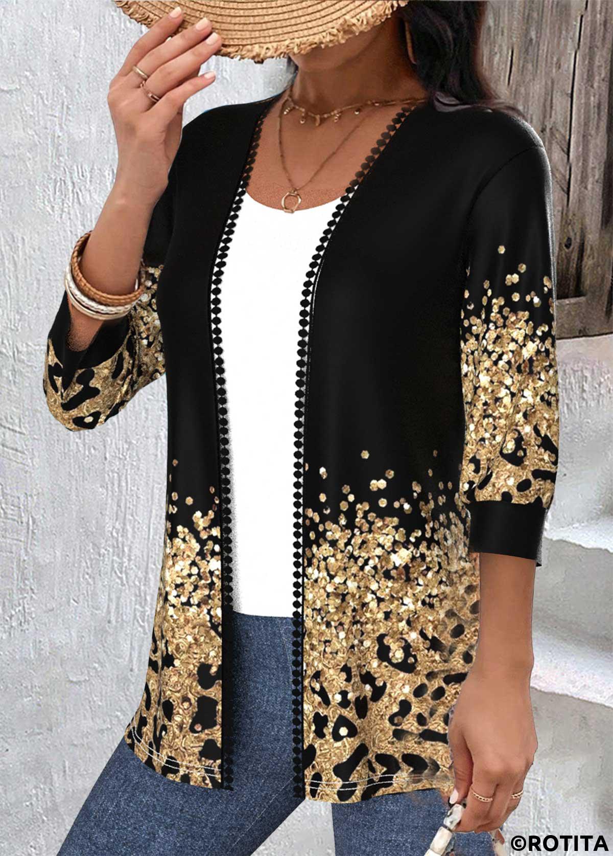 Black tops,Leopard tops,ROTITA Patchwork Leopard Black Round Neck 3/4 Sleeve Light Cardigan