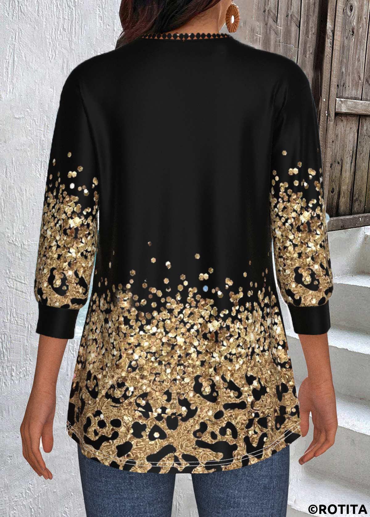 Black tops,Leopard tops,ROTITA Patchwork Leopard Black Round Neck 3/4 Sleeve Light Cardigan