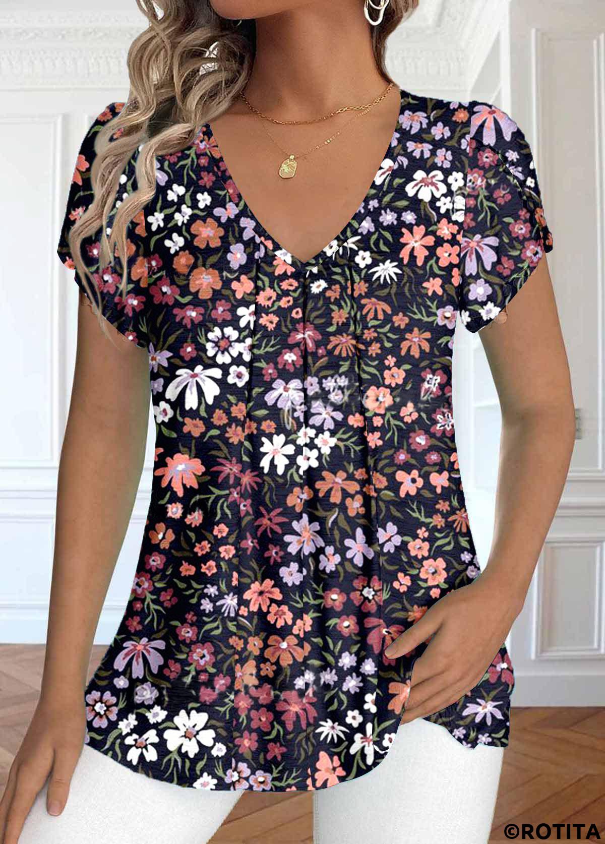 Rotita - T-shirt bleu marine à col en V et imprimé floral froncé