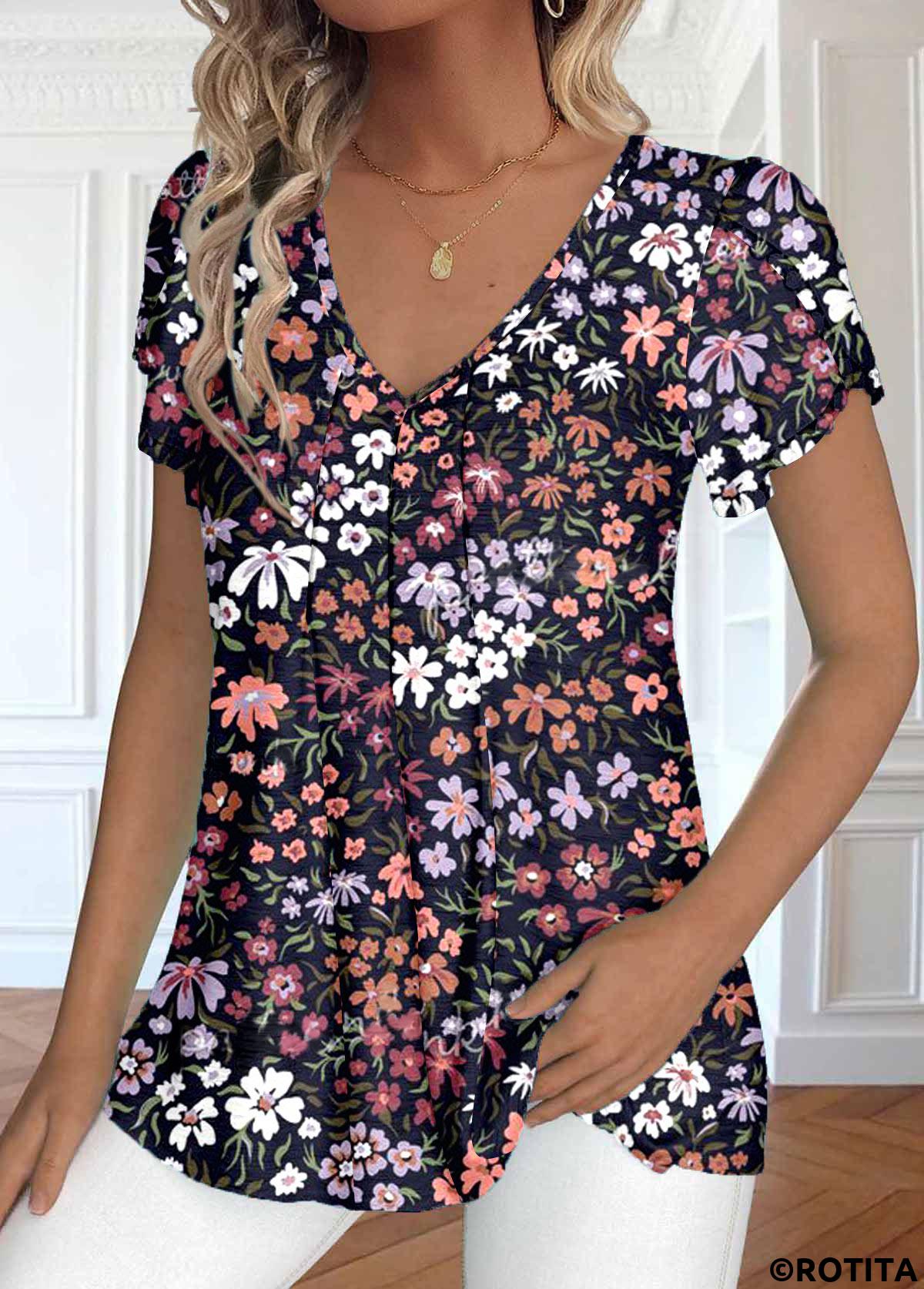 Rotita - T-shirt bleu marine à col en V et imprimé floral froncé