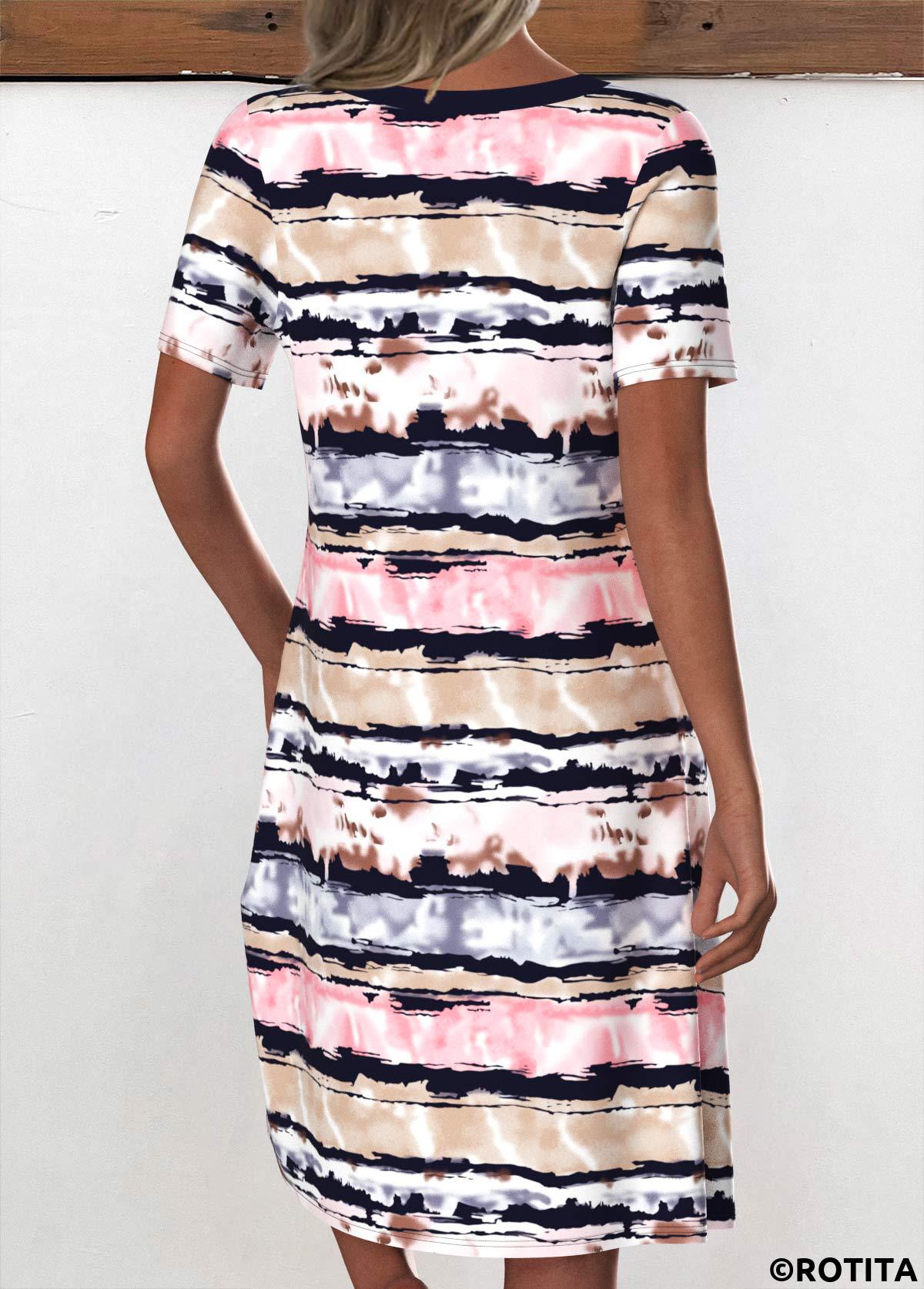 Multi Color dresses,Striped dresses,Geometric dresses,Everyday dresses,Casual dresses,ROTITA Button Striped Multi Color A Line Split Neck Dress