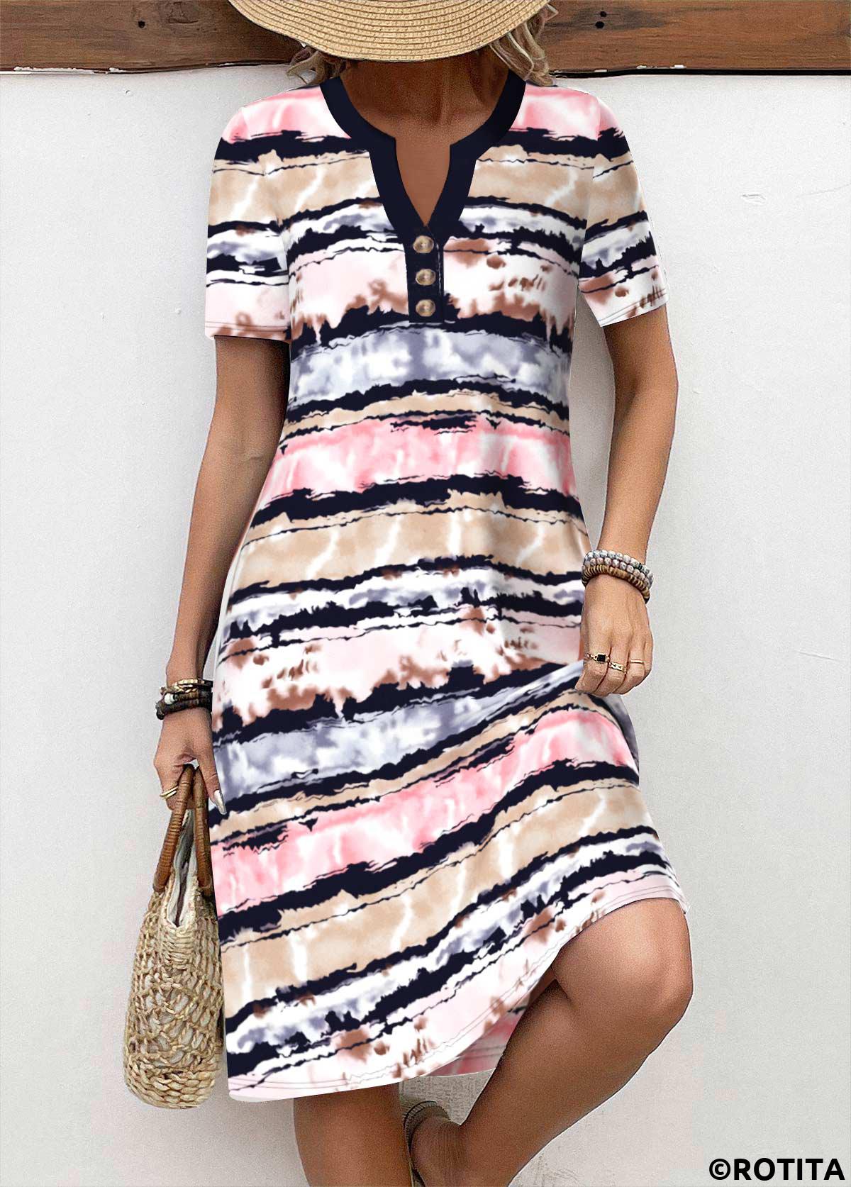 Multi Color dresses,Striped dresses,Geometric dresses,Everyday dresses,Casual dresses,ROTITA Button Striped Multi Color A Line Split Neck Dress