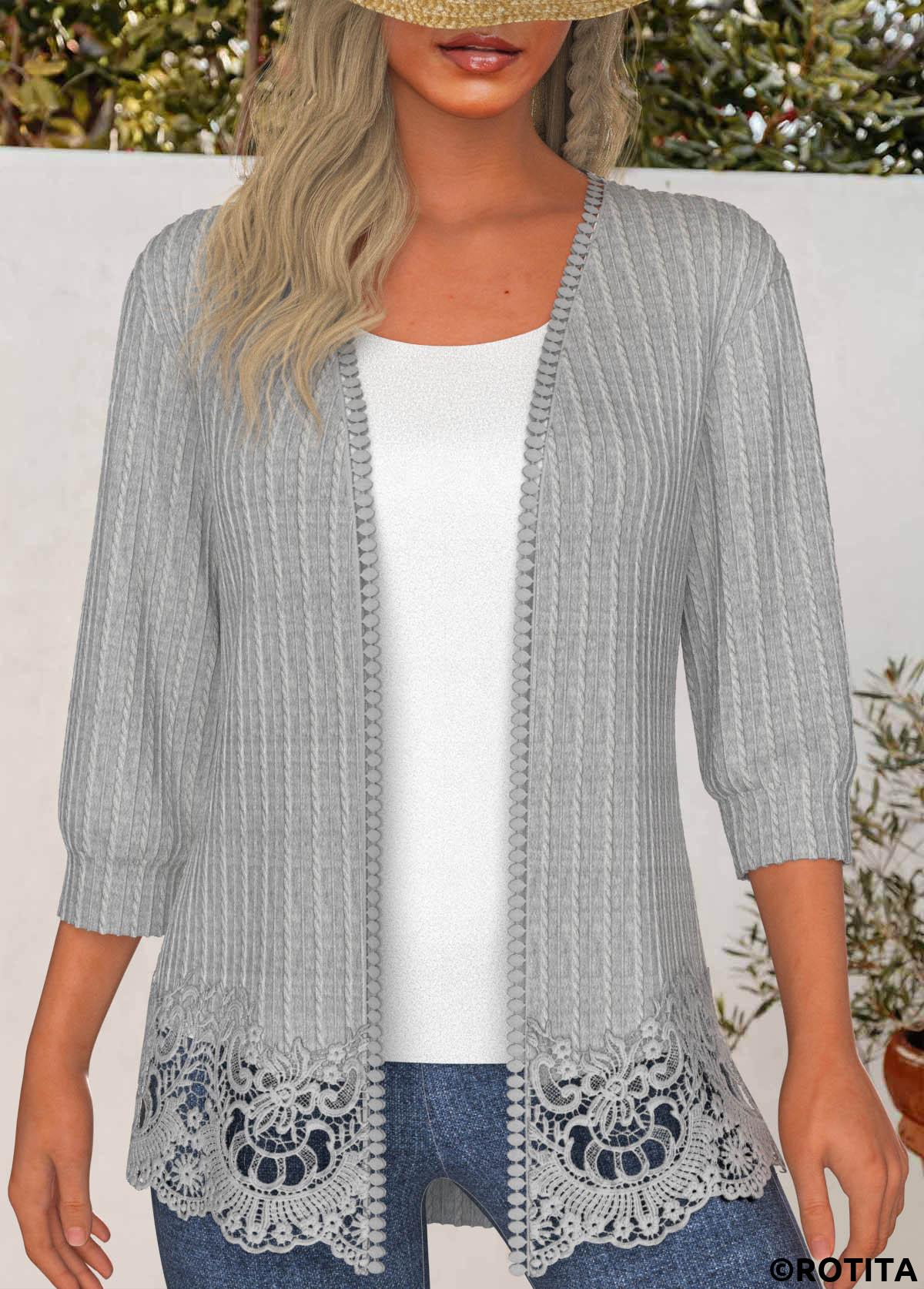 Light Grey Marl tops,Plain Color tops,ROTITA Lace 3/4 Sleeve Light Cardigan