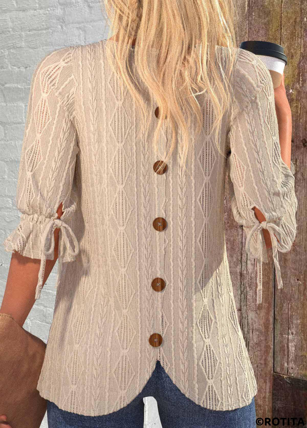Light Camel tops,Plain Color tops,ROTITA Button Light Camel Round Neck 3/4 Sleeve Blouse