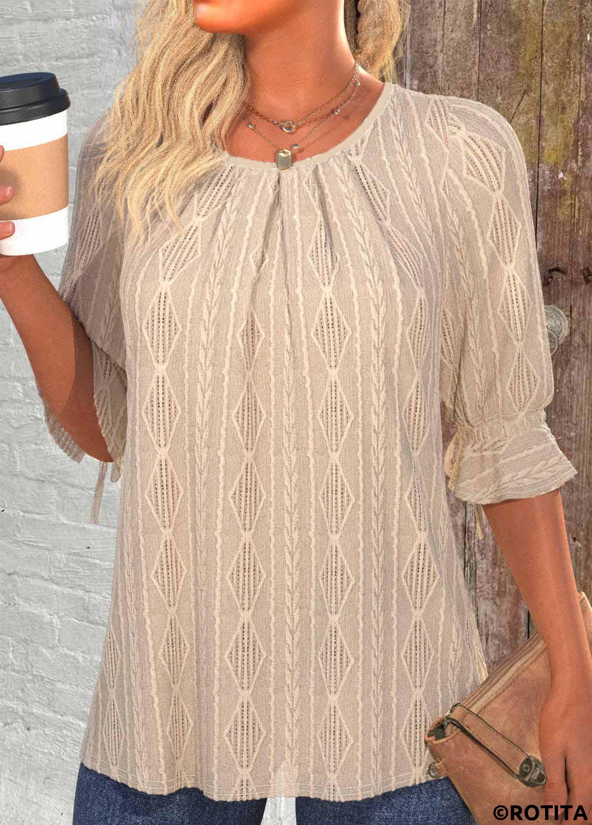 Light Camel tops,Plain Color tops,ROTITA Button Light Camel Round Neck 3/4 Sleeve Blouse