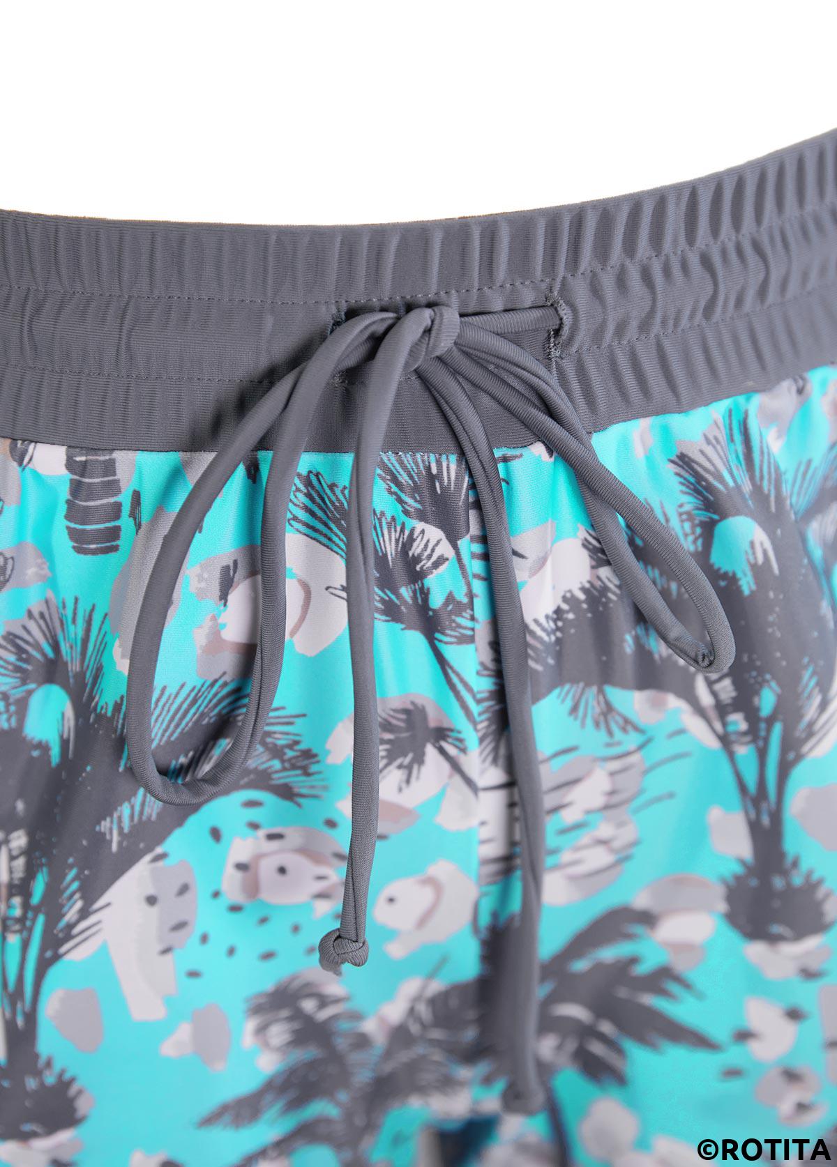 Cyan swimwear,Plants swimwear,ROTITA Bowknot Cyan Tropical Plants Print Tankini Set