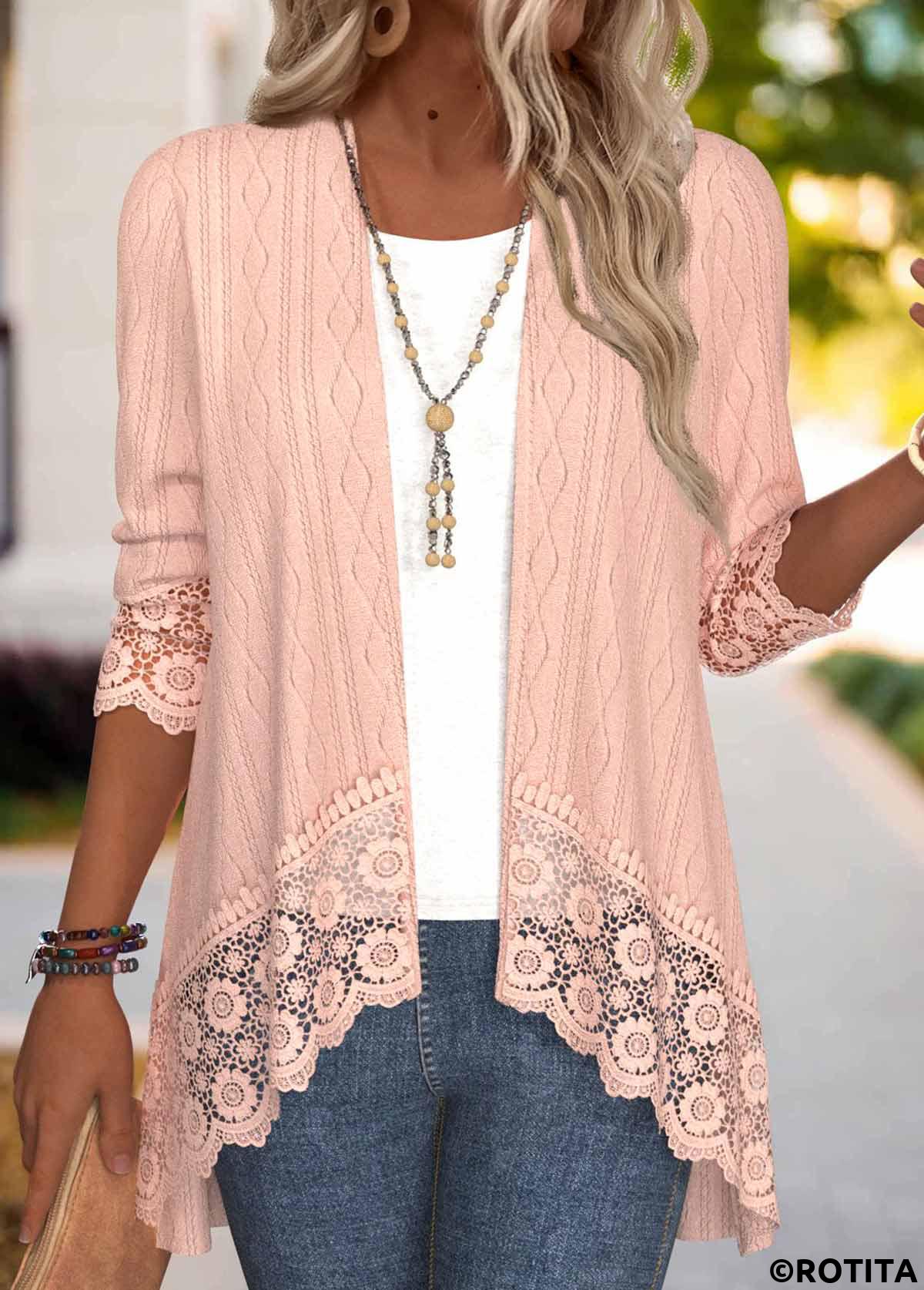 Dusty Pink tops,Plain Color tops,ROTITA Embroidery Dusty Pink 3/4 Sleeve Light Cardigan