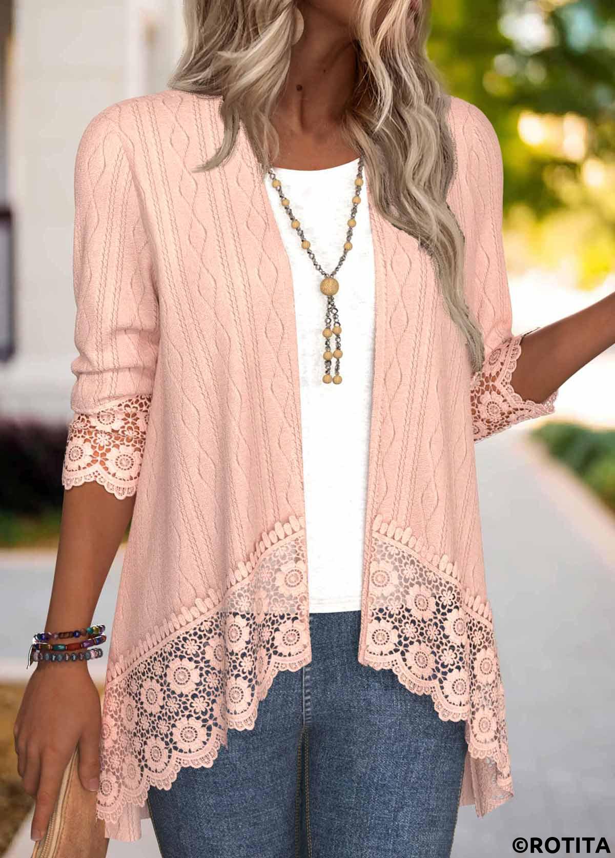 Dusty Pink tops,Plain Color tops,ROTITA Embroidery Dusty Pink 3/4 Sleeve Light Cardigan