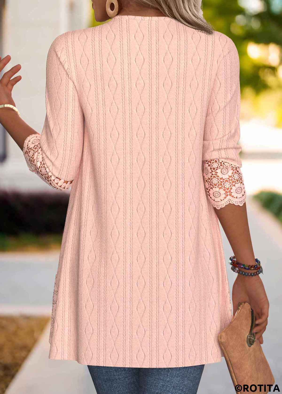 Dusty Pink tops,Plain Color tops,ROTITA Embroidery Dusty Pink 3/4 Sleeve Light Cardigan