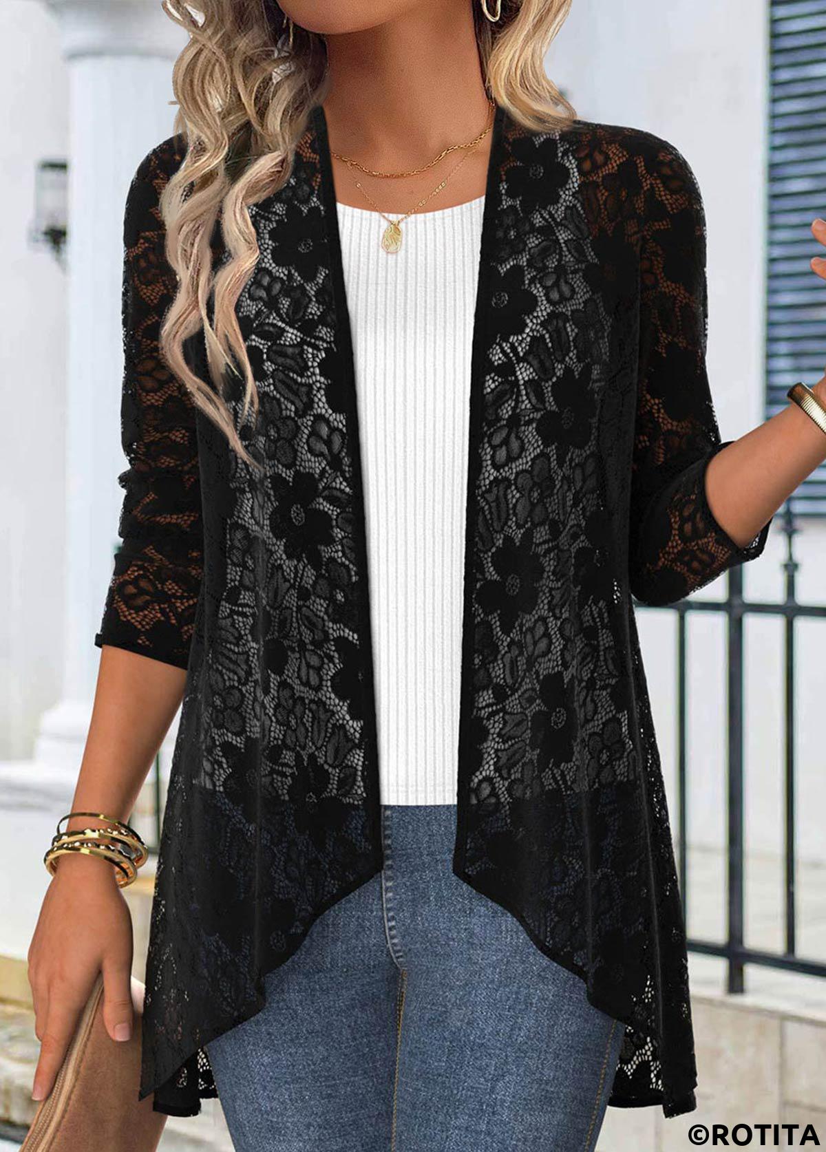 Black tops,Plain Color tops,ROTITA Lace Black 3/4 Sleeve Light Cardigan