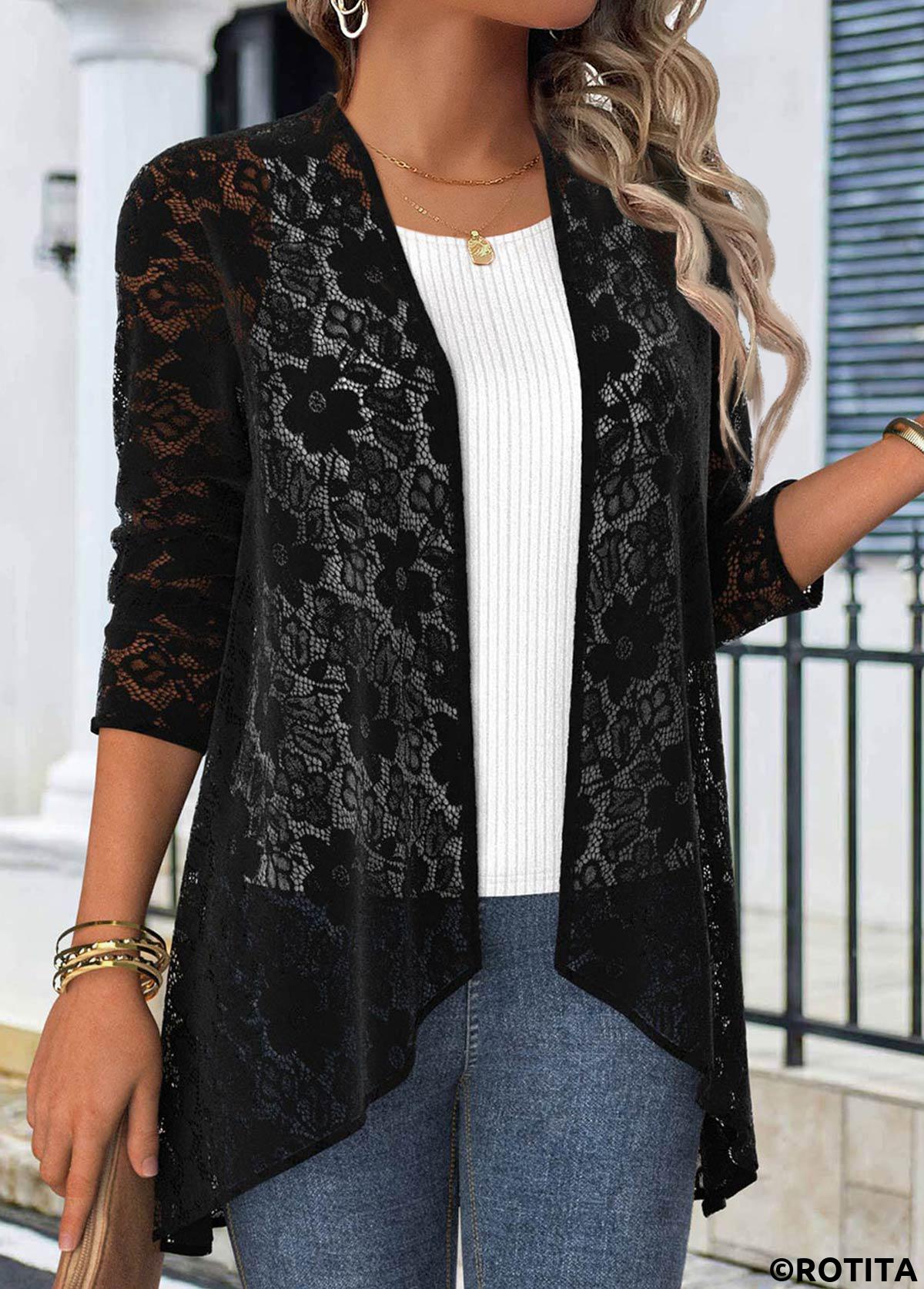 Black tops,Plain Color tops,ROTITA Lace Black 3/4 Sleeve Light Cardigan