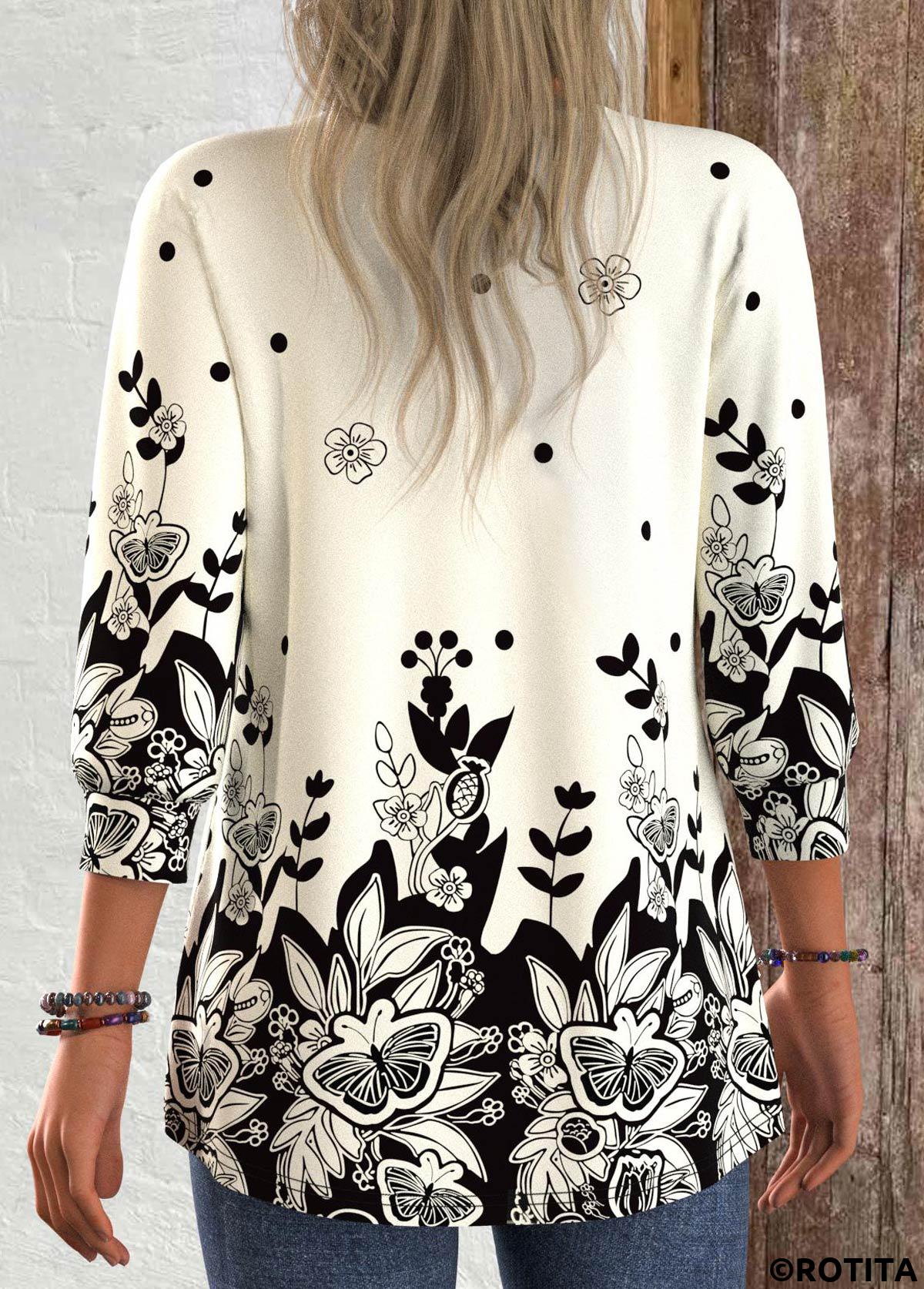 Black tops,Floral tops,Plants tops,Animal Print tops,ROTITA Patchwork Floral Print Black 3/4 Sleeve Light Cardigan