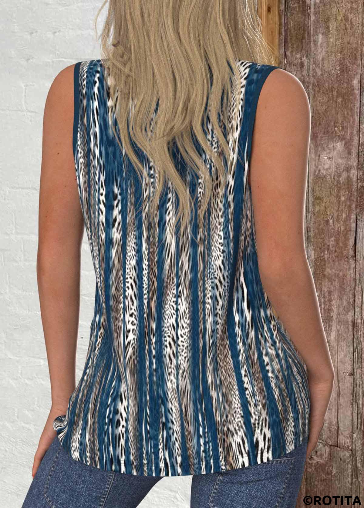 Peacock Blue tops,Leopard tops,ROTITA Circular Ring Leopard Peacock Blue Round Neck Tank Top