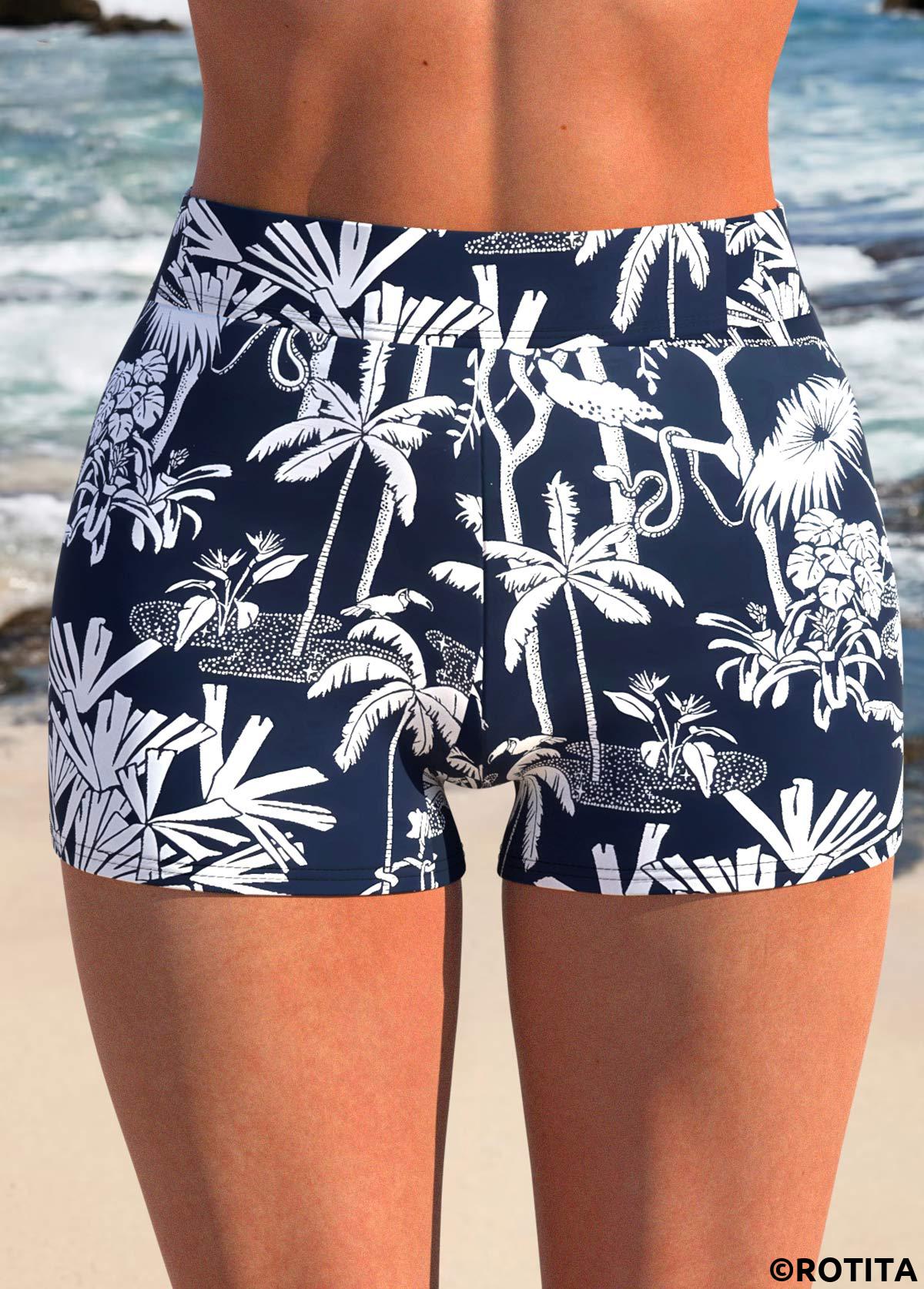 Navy plus size,Plants plus size,ROTITA Plus Size Ruffle Tropical Plants Print Navy Tankini Set